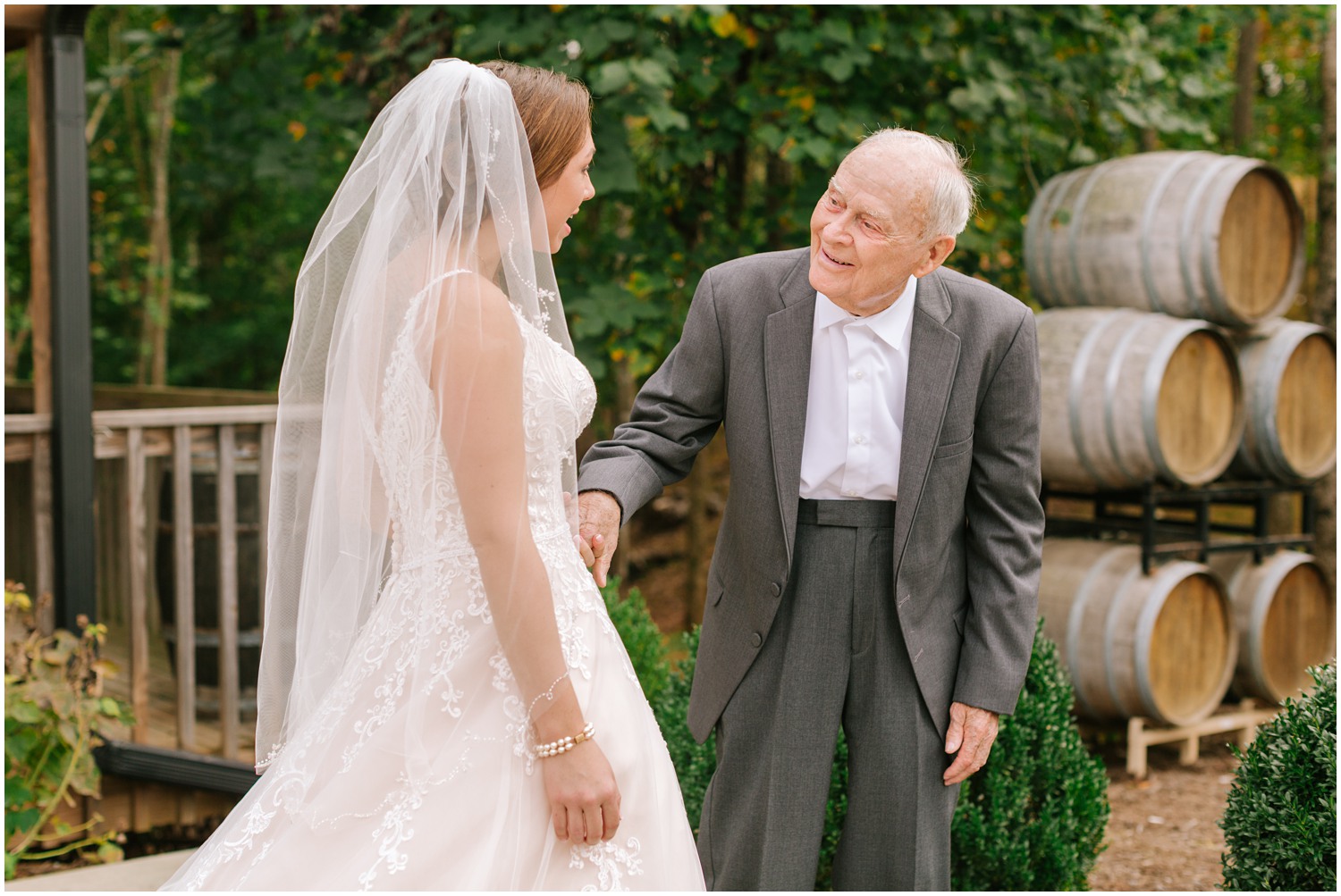 bride has first look with grandfather on wedding day