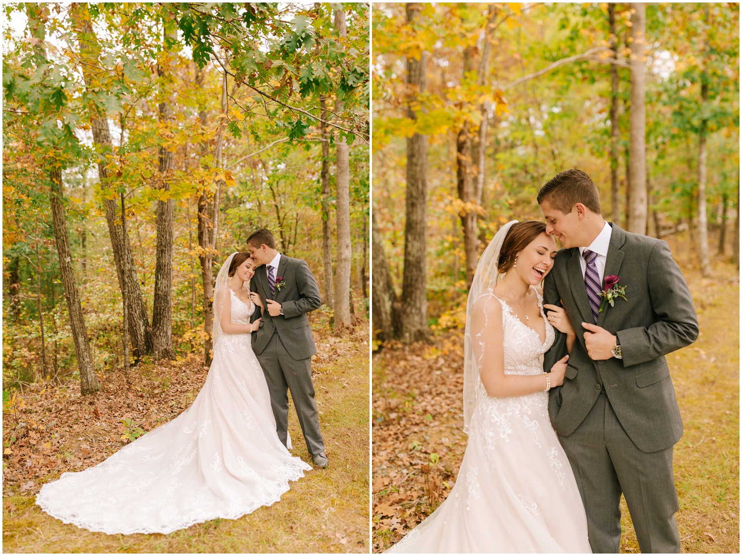 bride hugs groom's arm during NC wedding photos at Medaloni Cellars