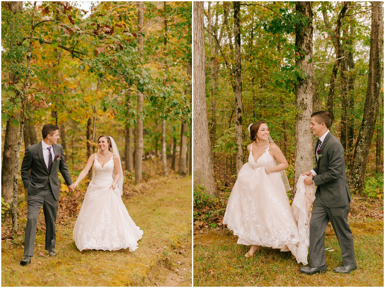 bride and groom walk through trees at Medaloni Cellars