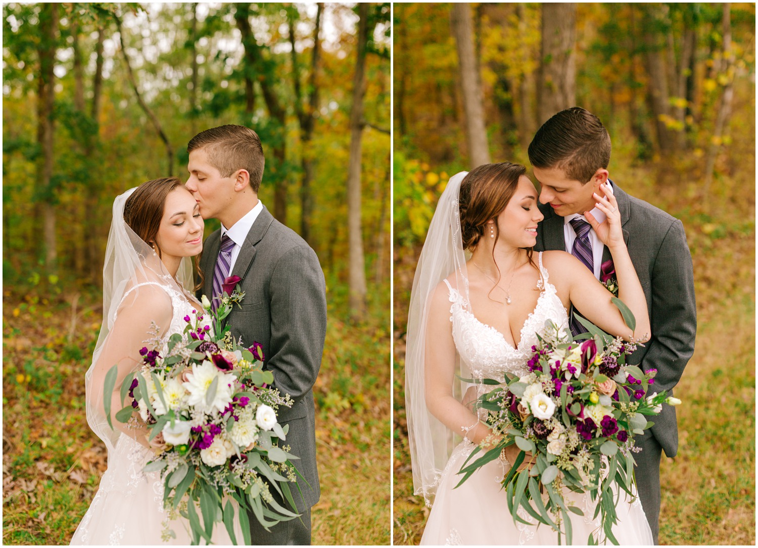 bride and groom pose before fall wedding at Medaloni Cellars