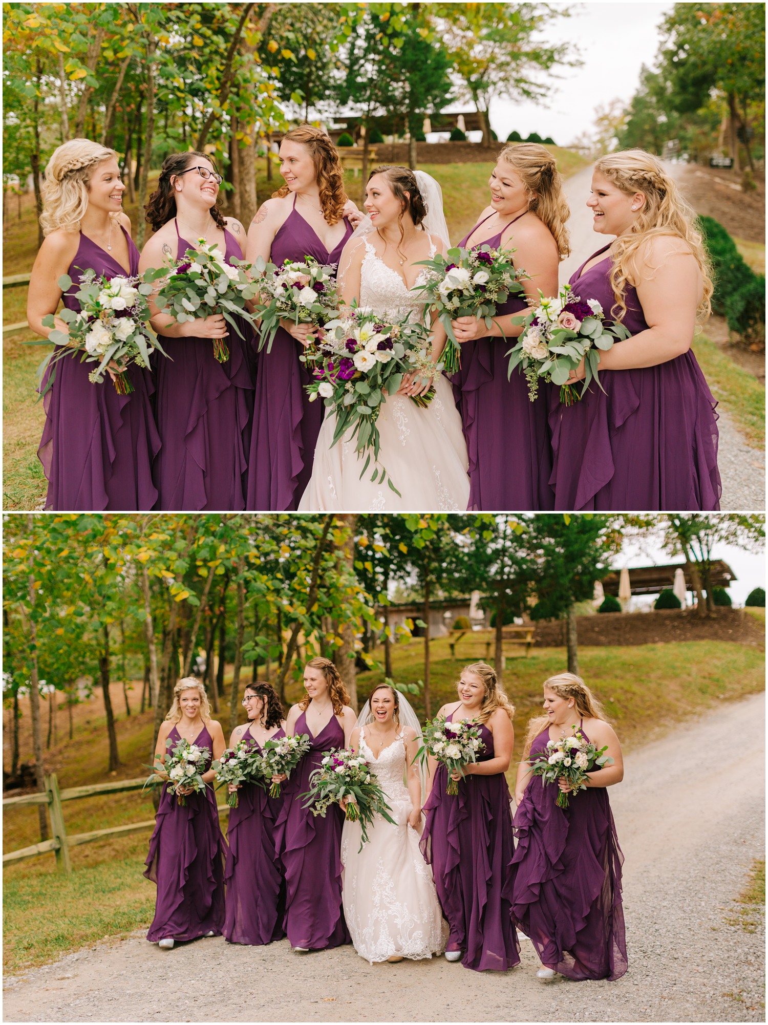 bride poses with five bridesmaids in plum dresses before Medaloni Cellars wedding