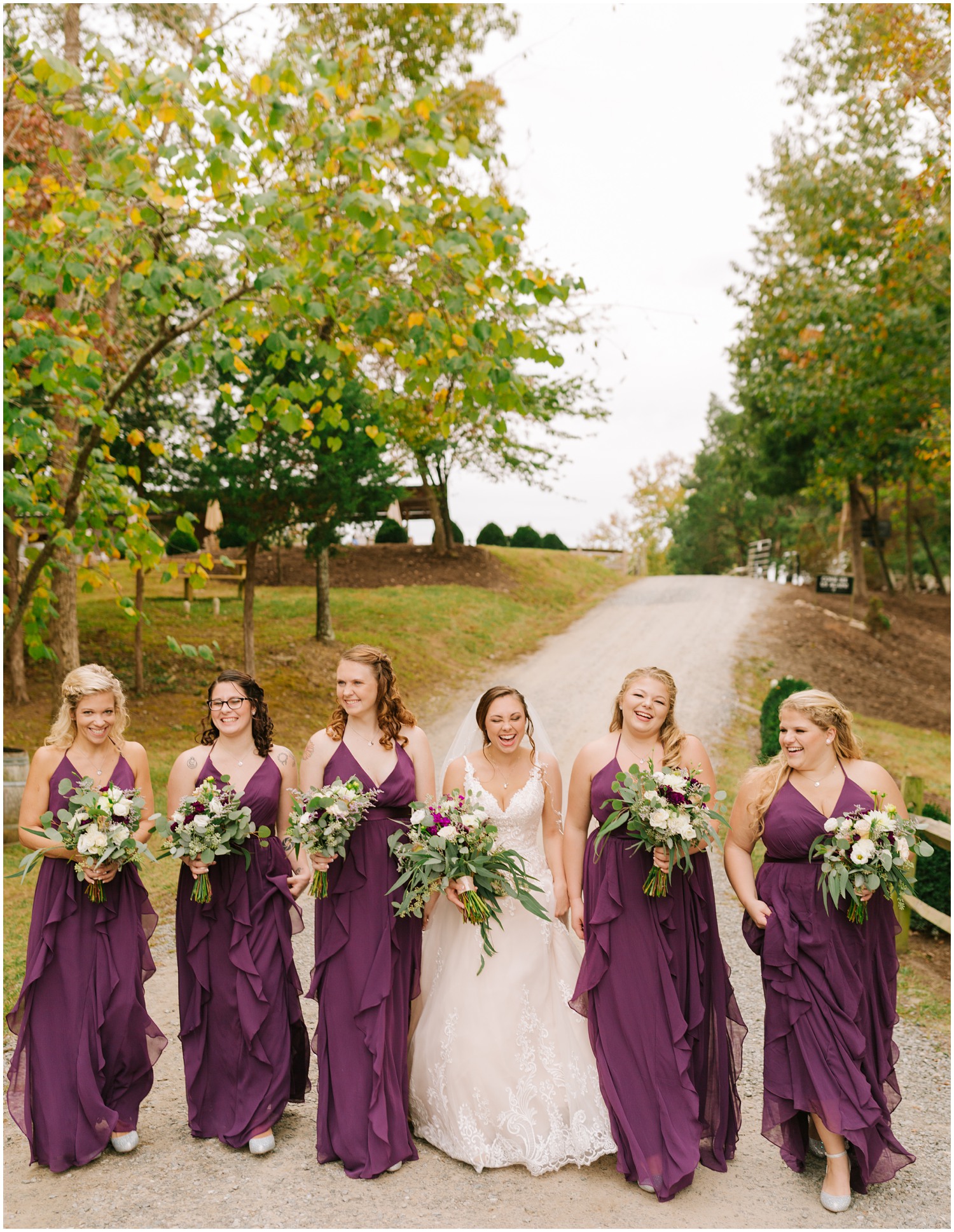 five bridesmaids in plum dresses walk with bride in Lewsville NC
