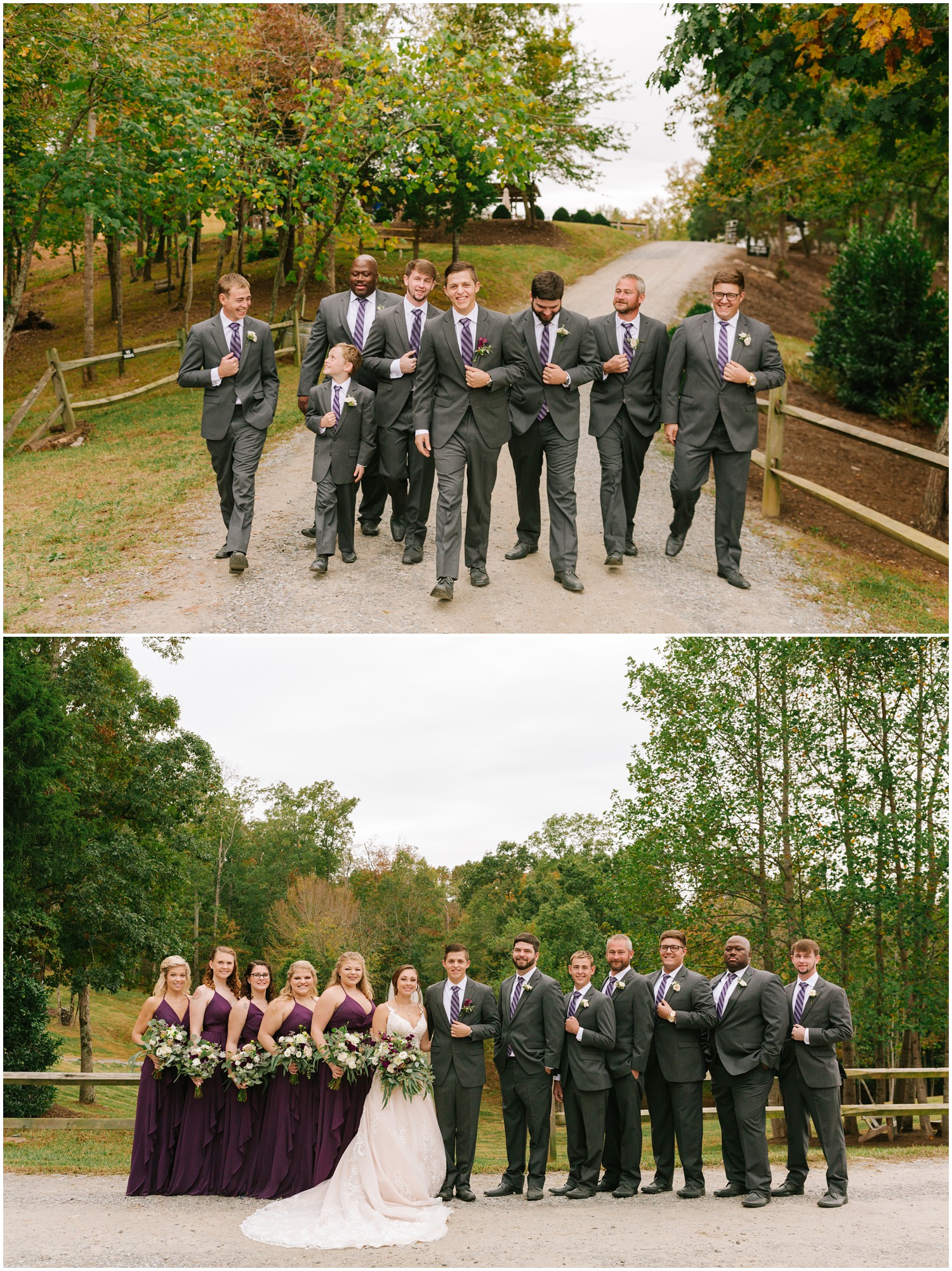 bridesmaids in plum dresses pose with bride and groom