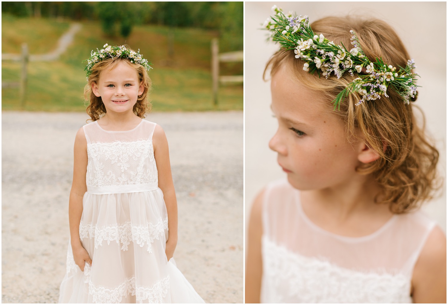 flower girl in lace dress and baby's breath flower crown