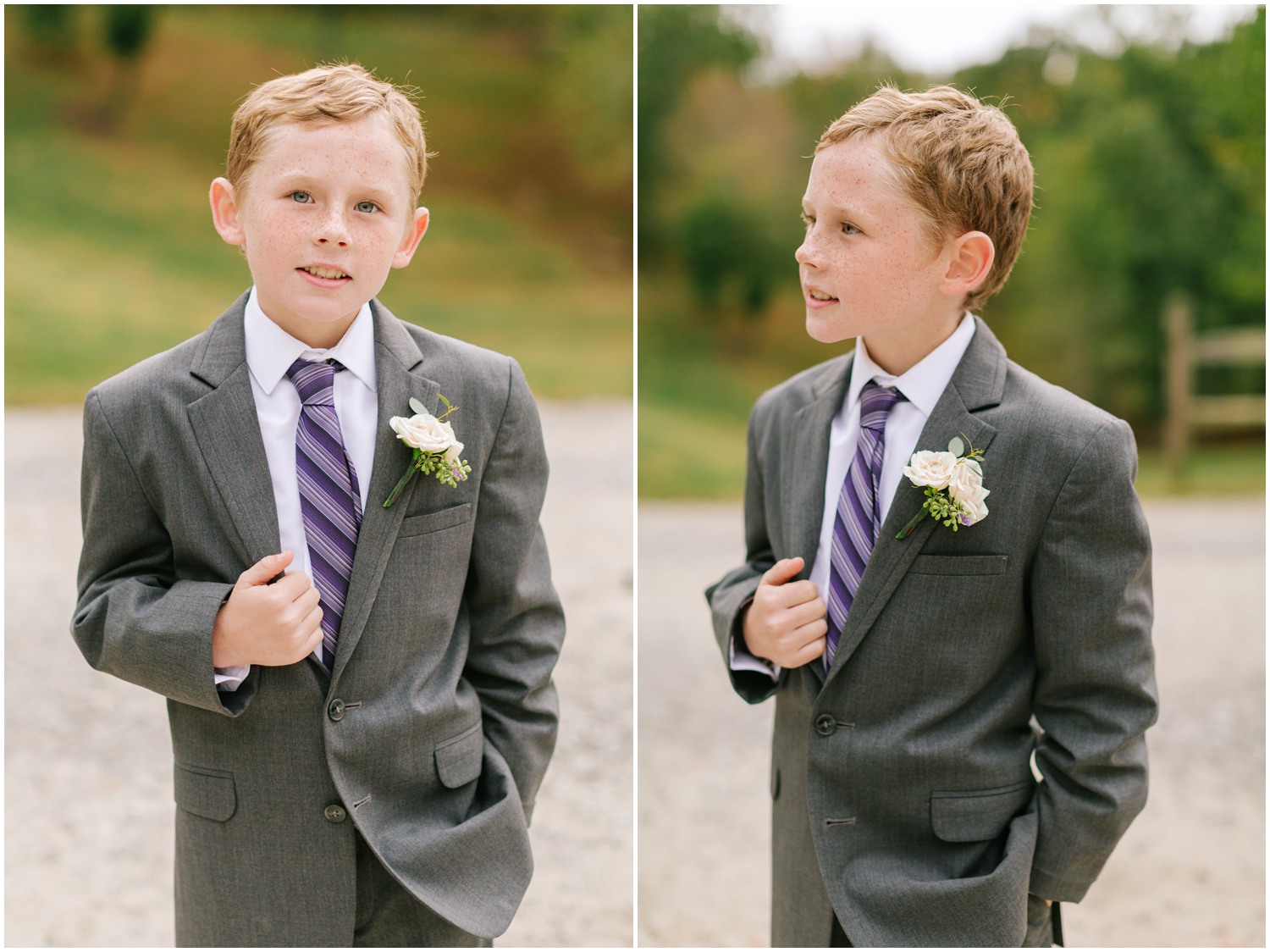 ring bearer holds suit jacket and smiles before NC wedding