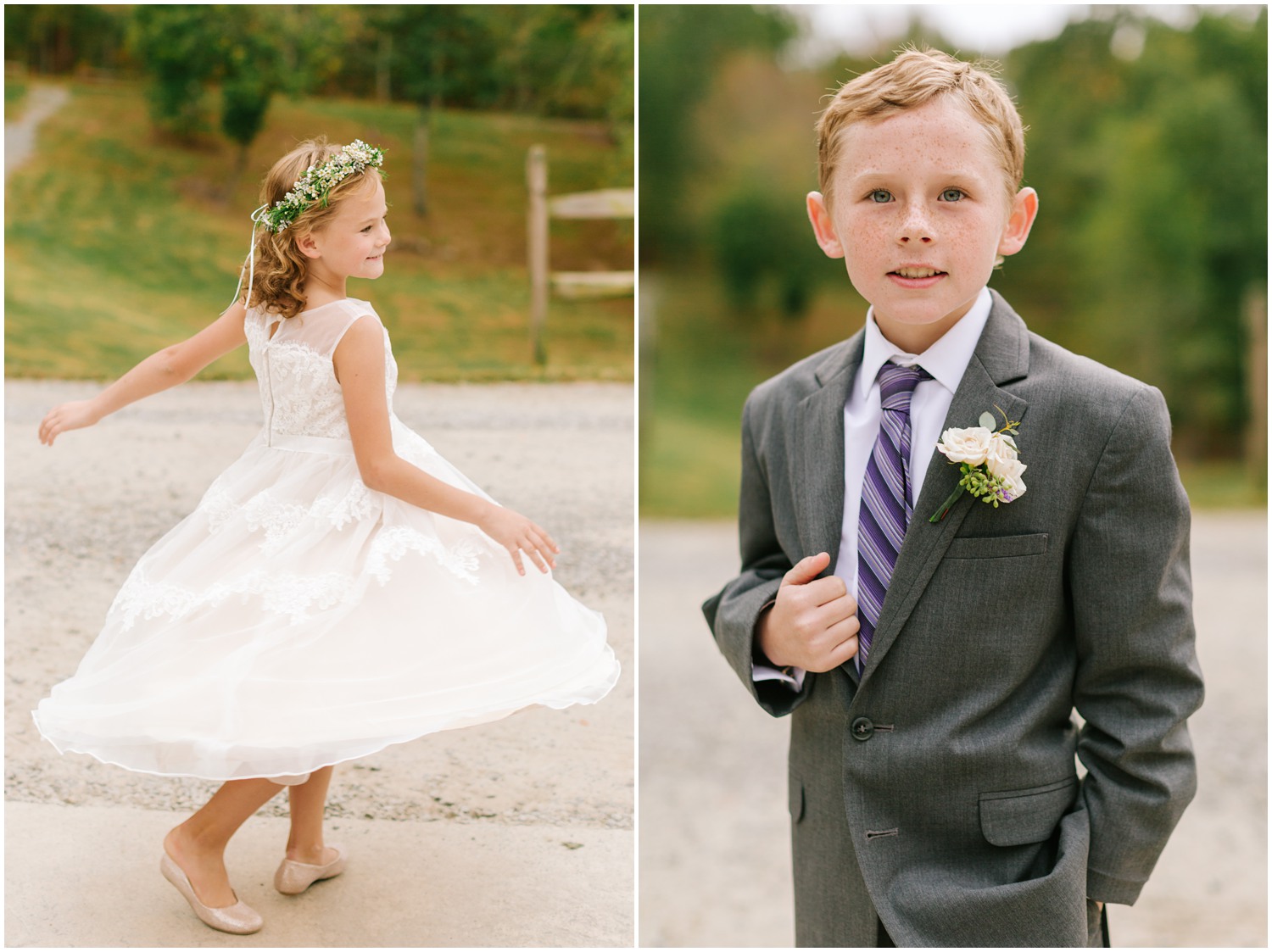 flower girl twirls while ring bearer poses for NC wedding photographer