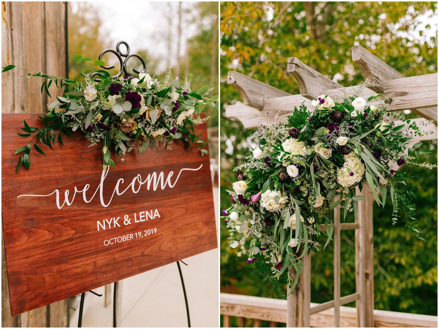 dark purple and ivory flowers decorate wooden arbor at Medaloni Cellars