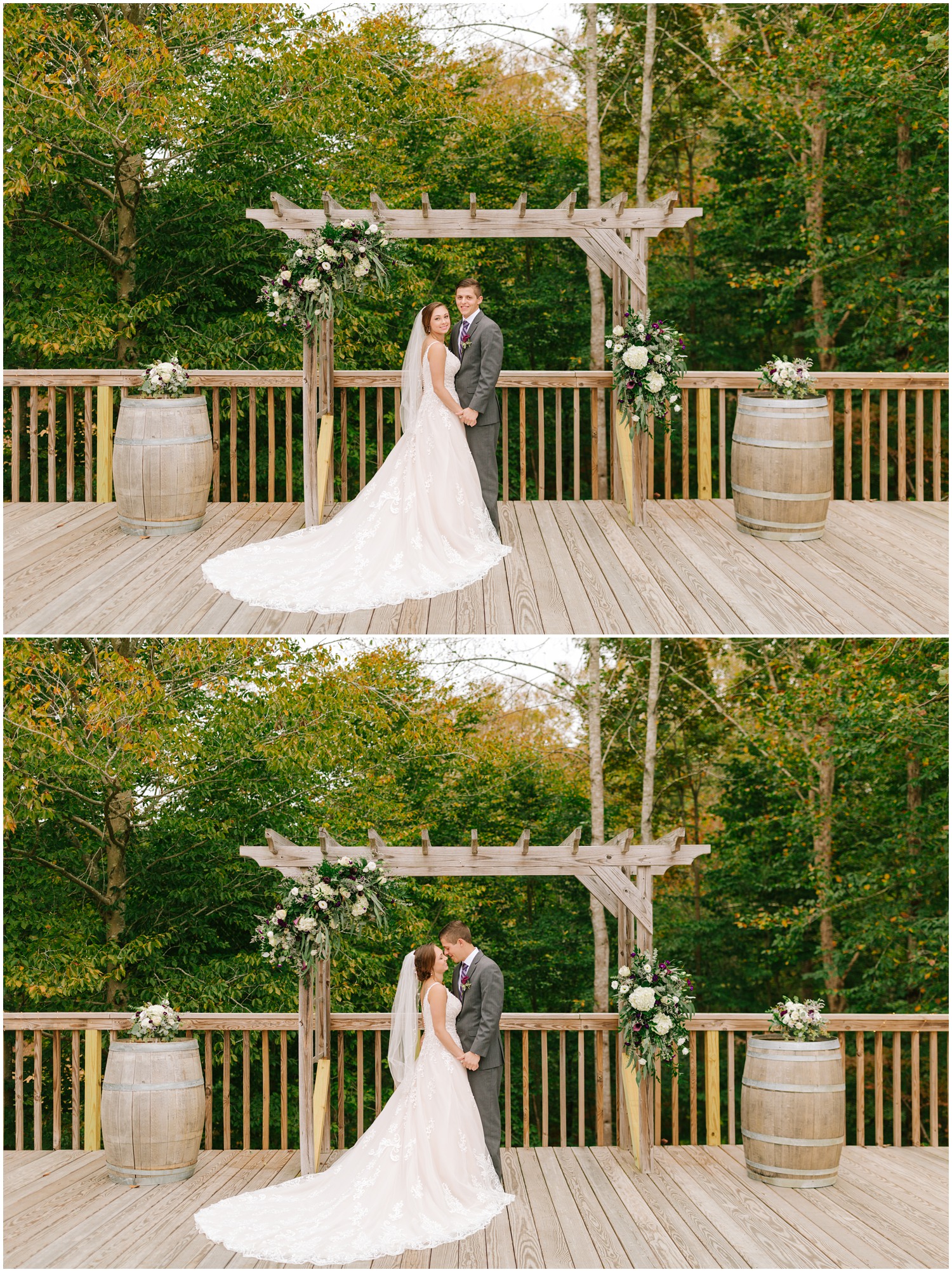 North Carolina wedding portraits under wooden arbor