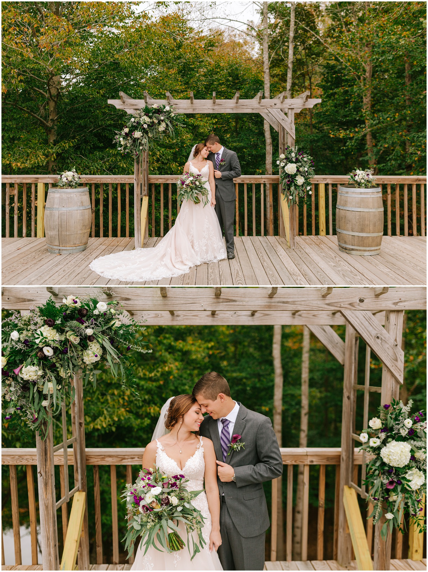 North Carolina couple poses under arbor in Lewsville NC