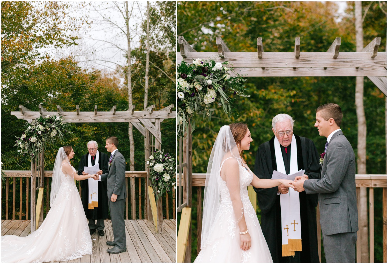 wedding ceremony under wooden arbor in NC