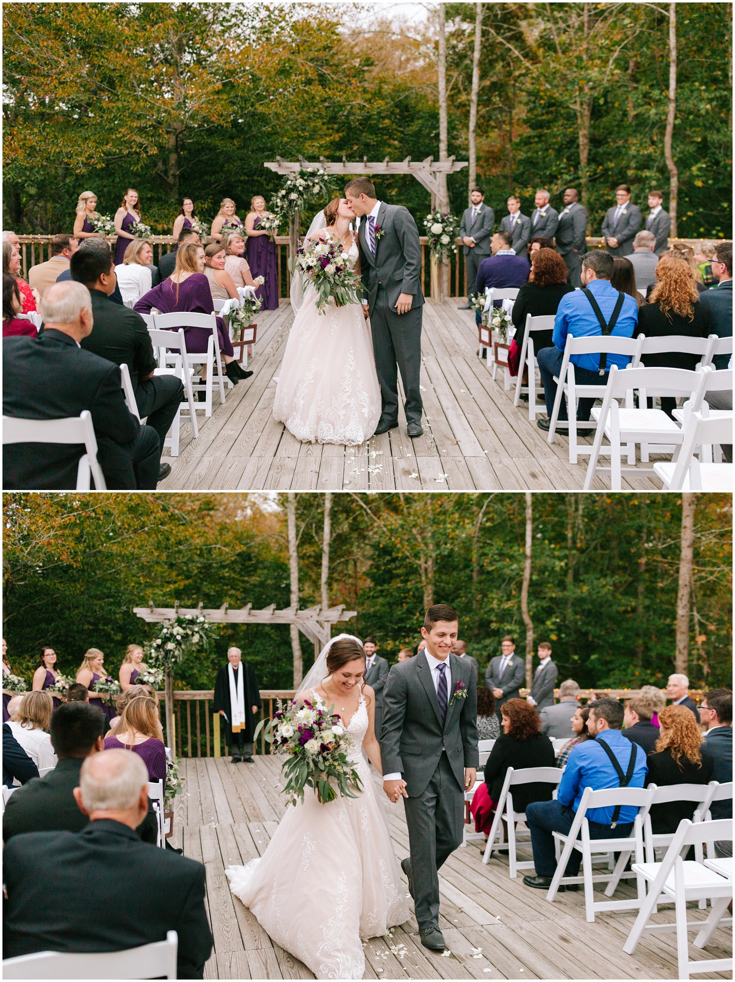 bride and groom walk up aisle after fall wedding ceremony at Medaloni Cellars