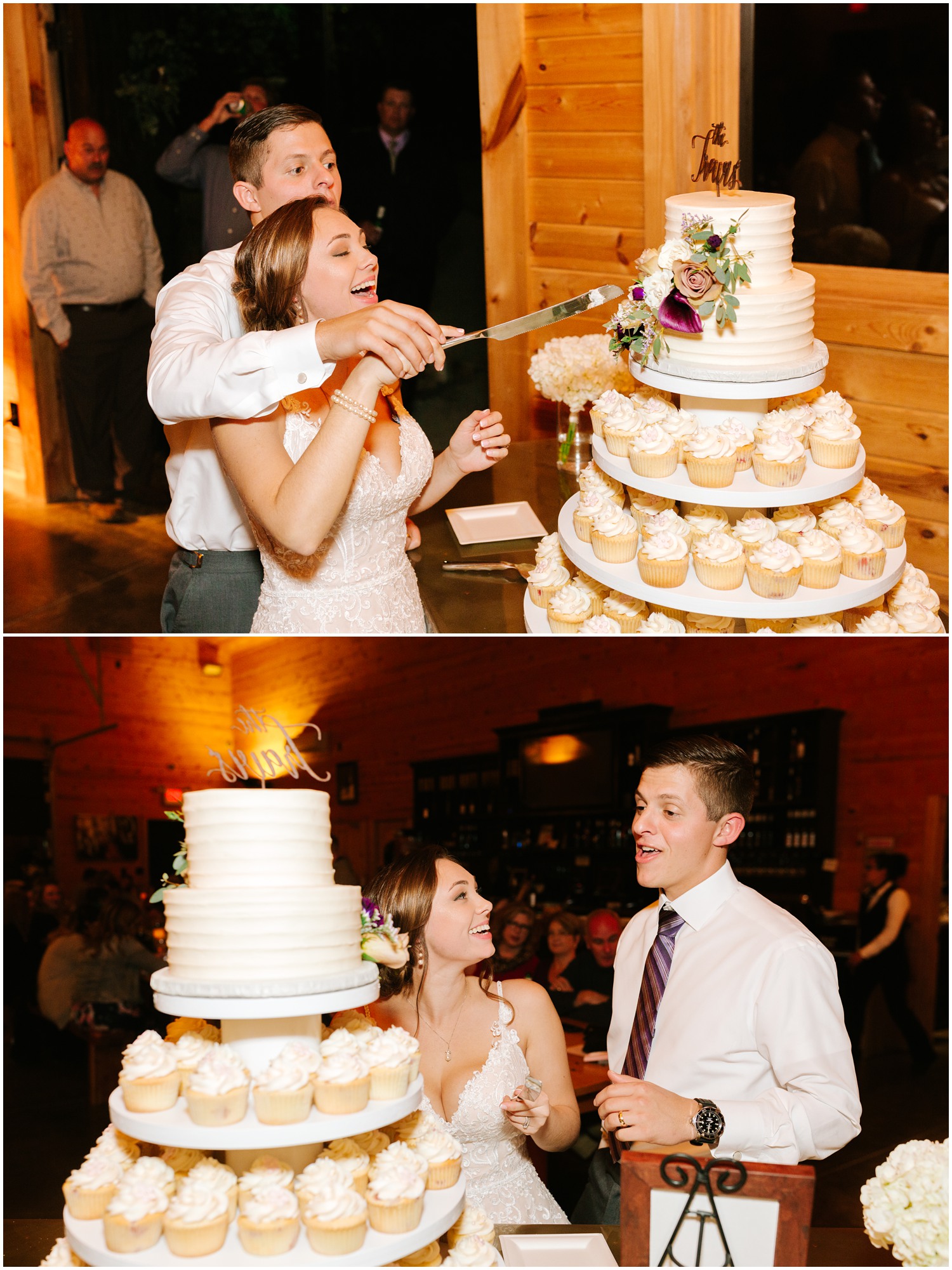 bride and groom cut topper cake and choose cupcakes