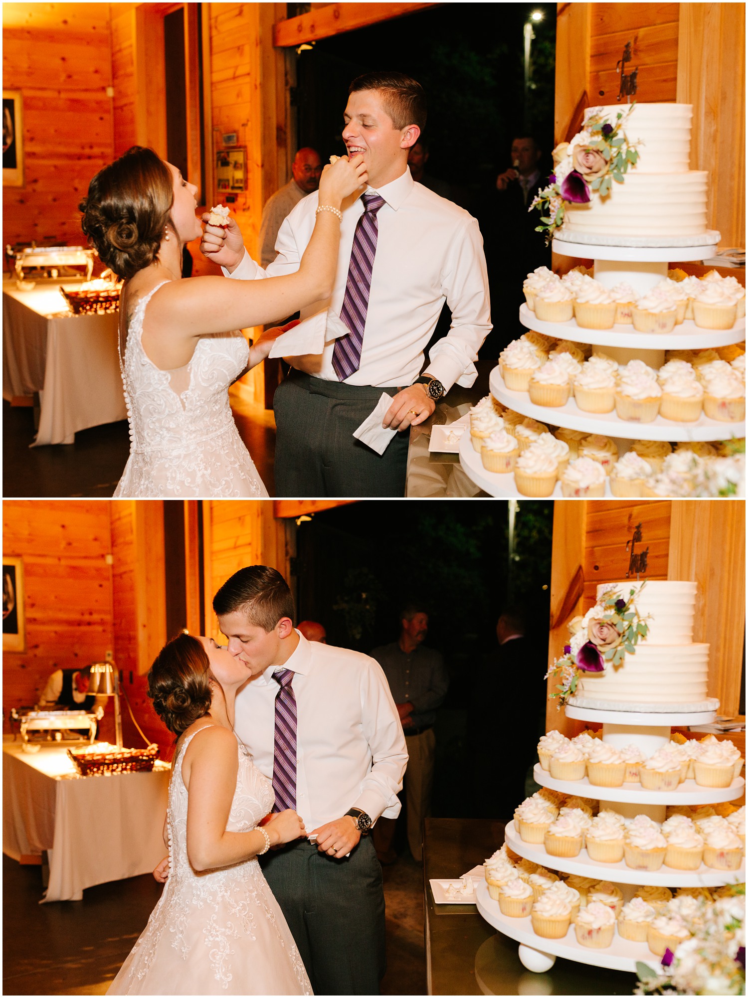 bride and groom exchange cupcakes during Medaloni Cellars wedding reception