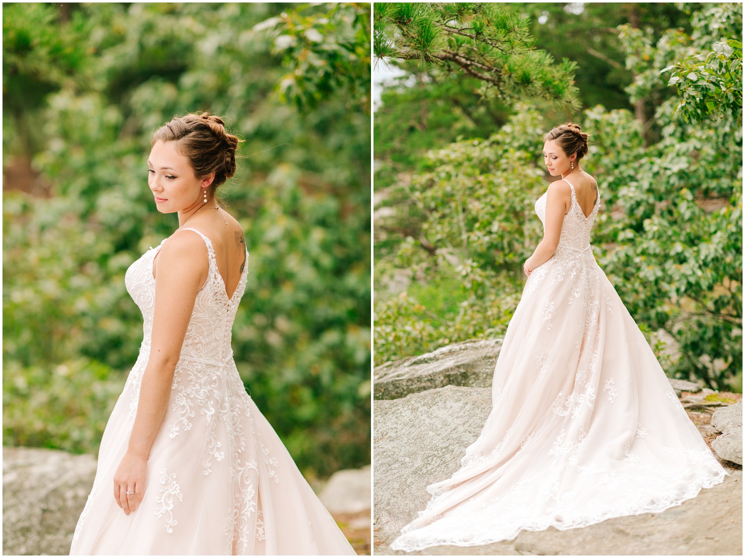 bride in classic wedding dress looks over shoulder during Pilot Mountain bridal session