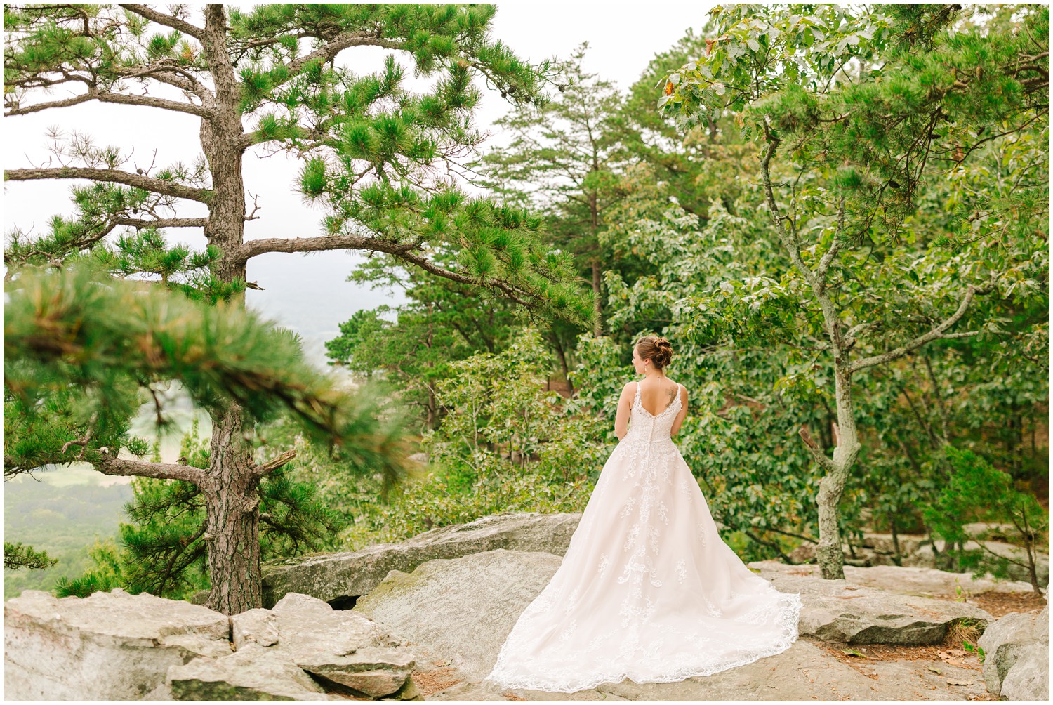bride poses in wedding dress in Pilot Mountain State Park