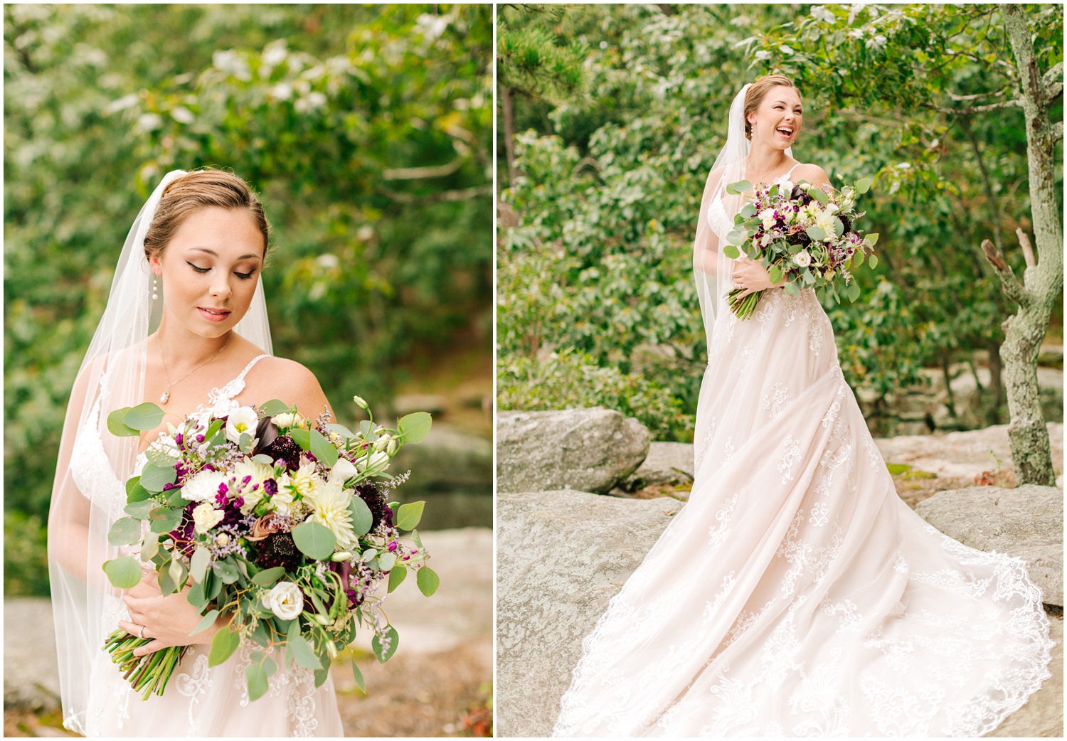 bride holds bouquet and laughs in Pilot Mountain State Park