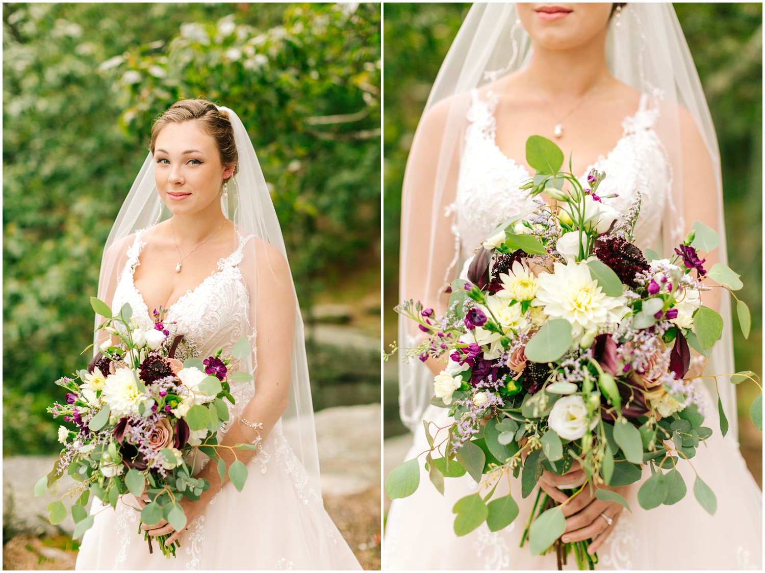 bride holds fall wedding bouquet with purple flowers and green leaves