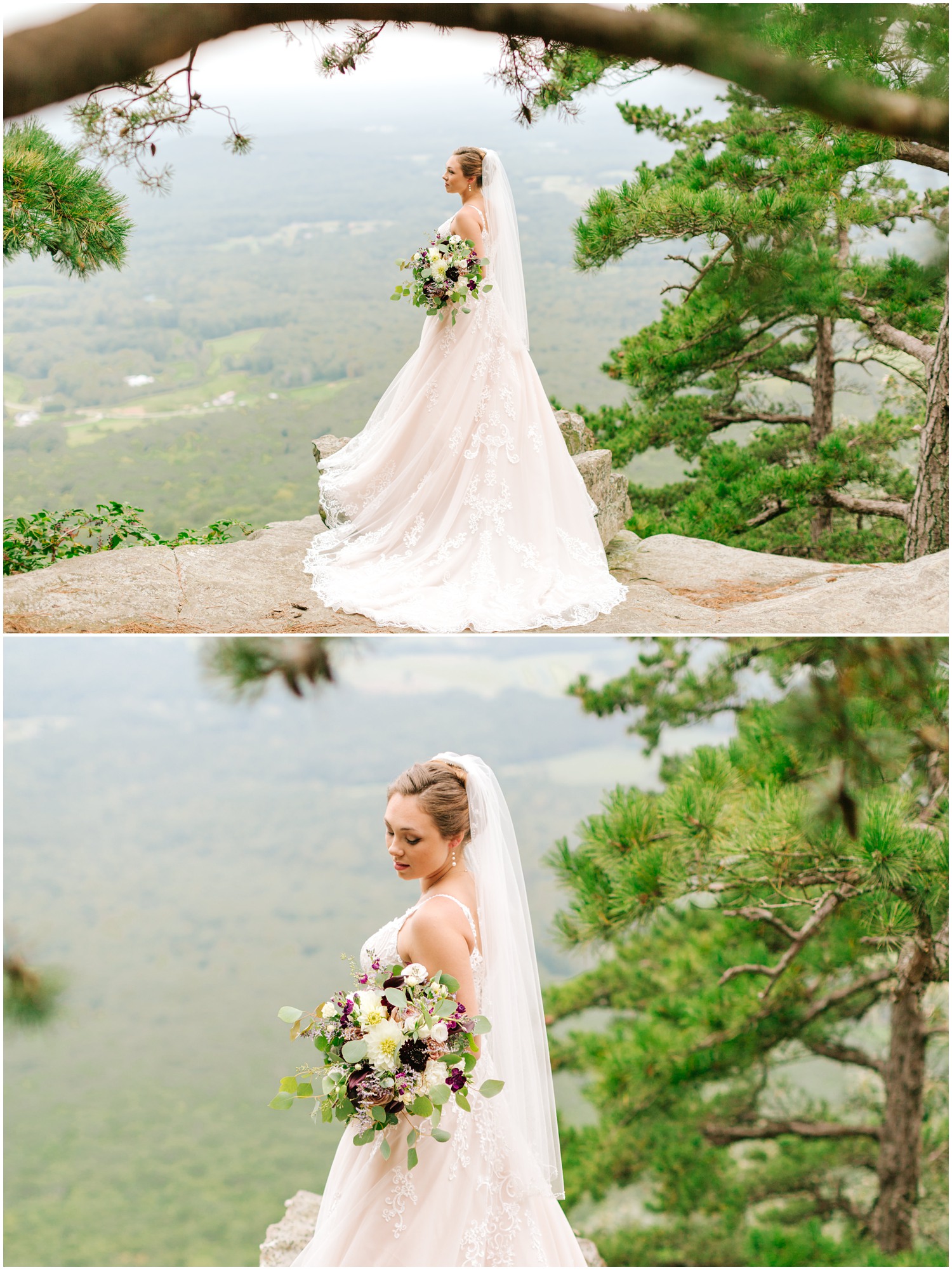 North Carolina bride holds bouquet standing on Pilot Mountain