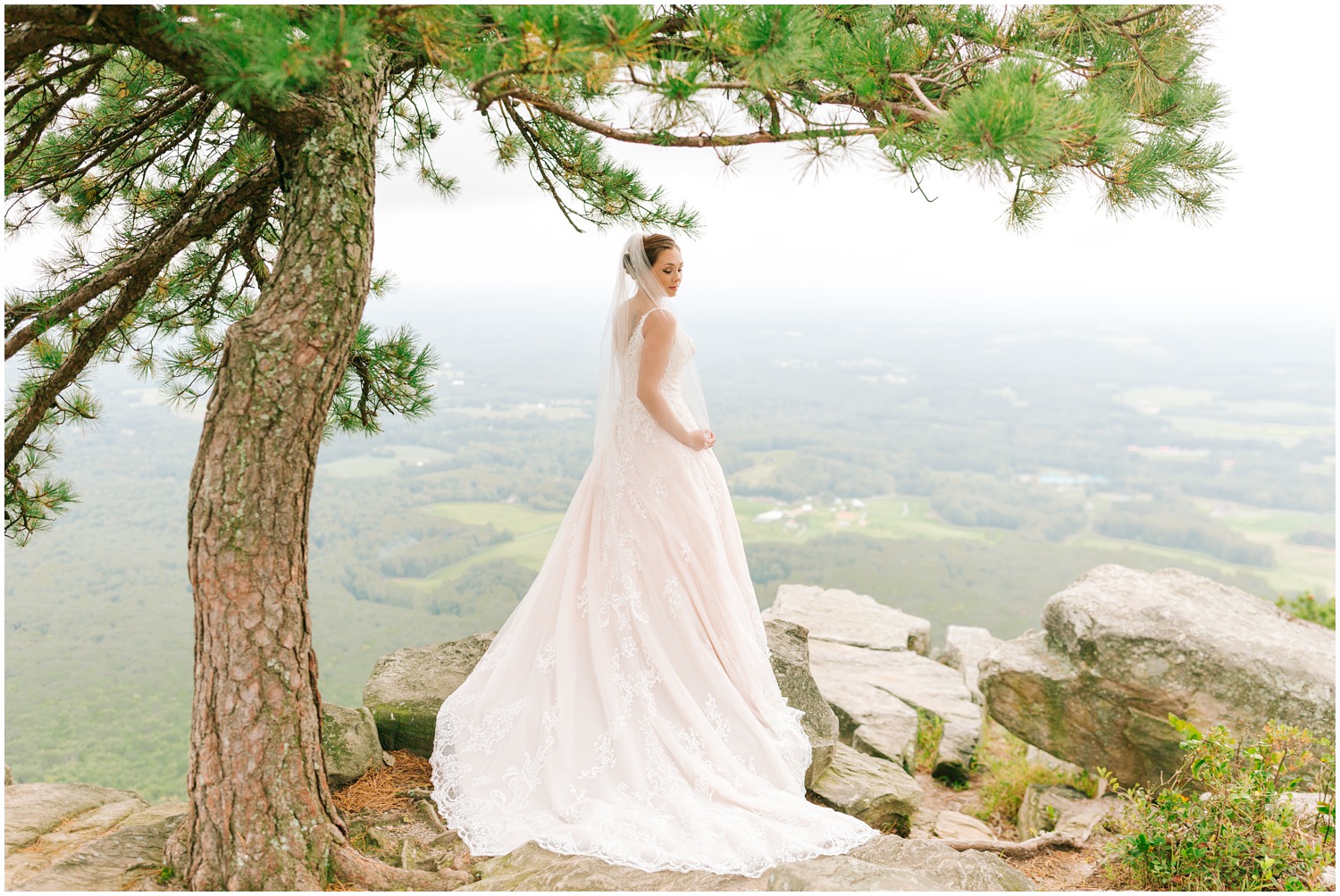 North Carolina bride looks over shoulder with veil in Pilot Mountain state park