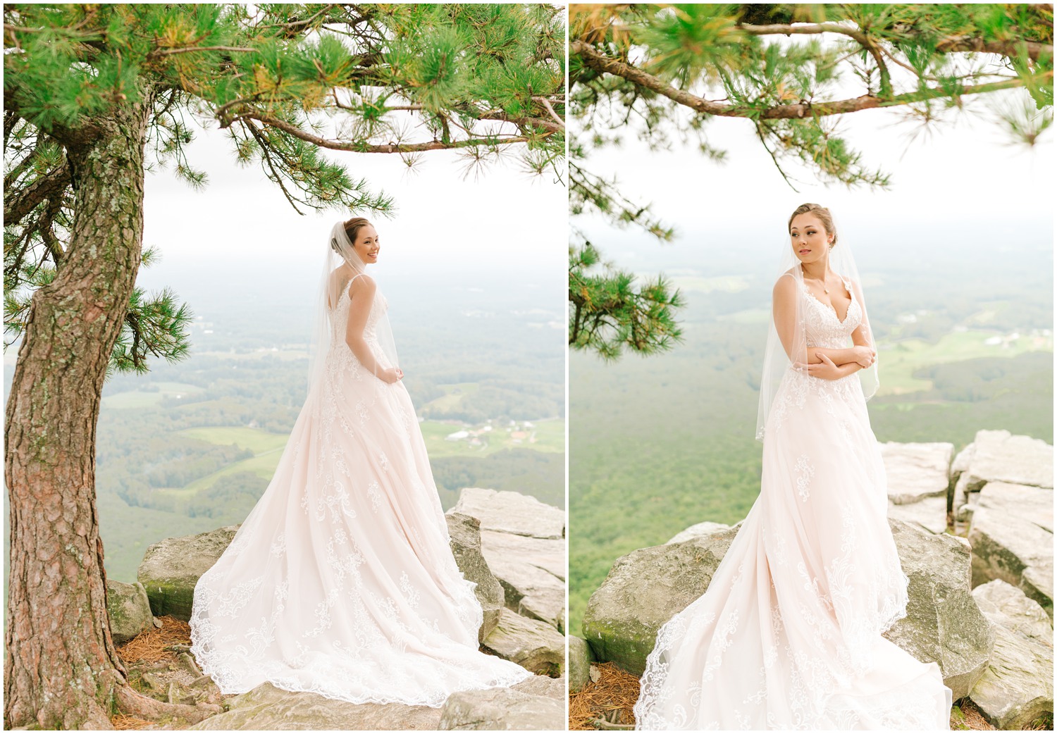 bride looks over shoulder laughing during bridal portraits