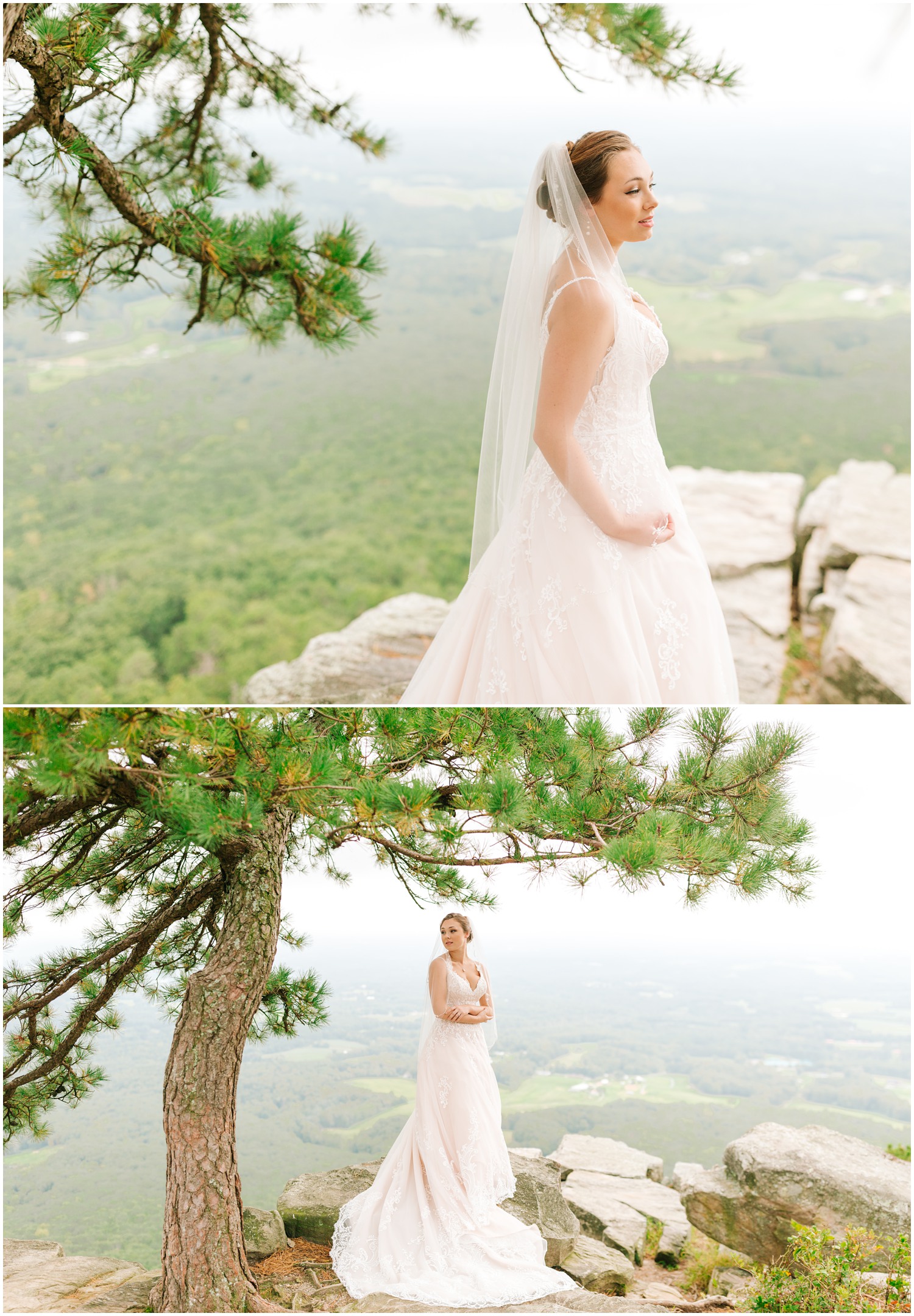 elegant Pilot Mountain bridal session with bride holding veil around shoulders