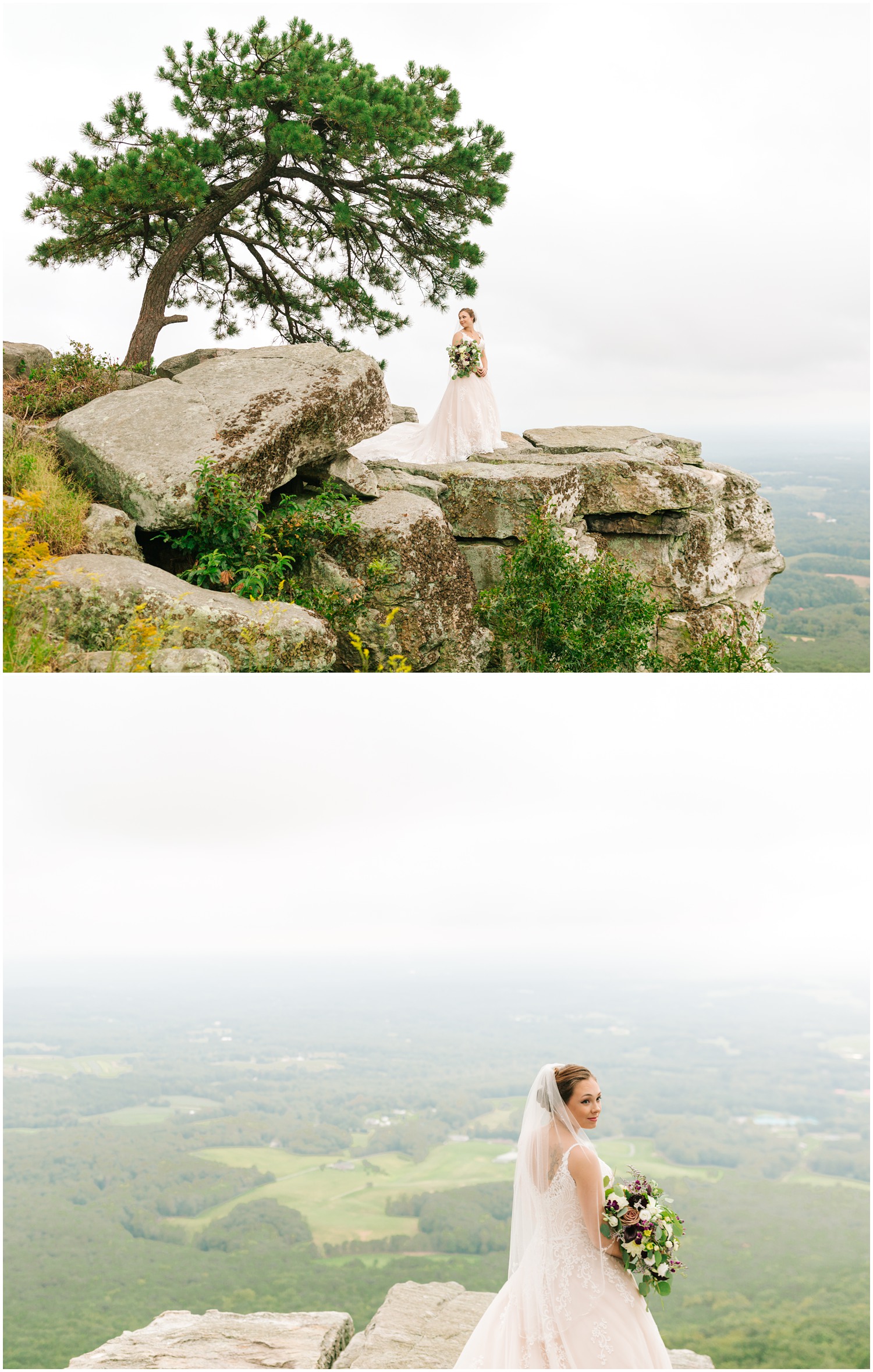 bride stands on edge of overlook in NC state park