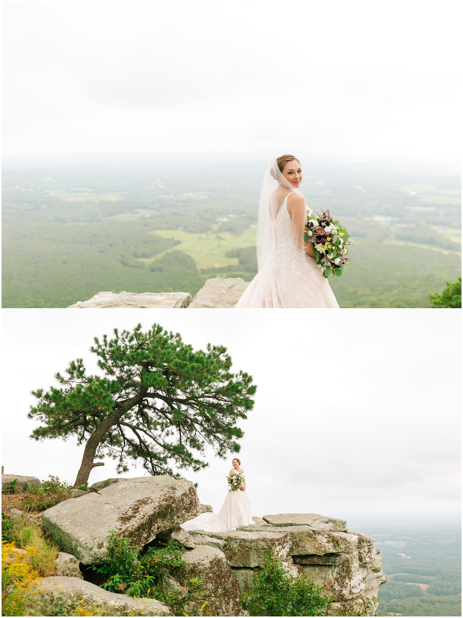 bride standing on cliffs under tree