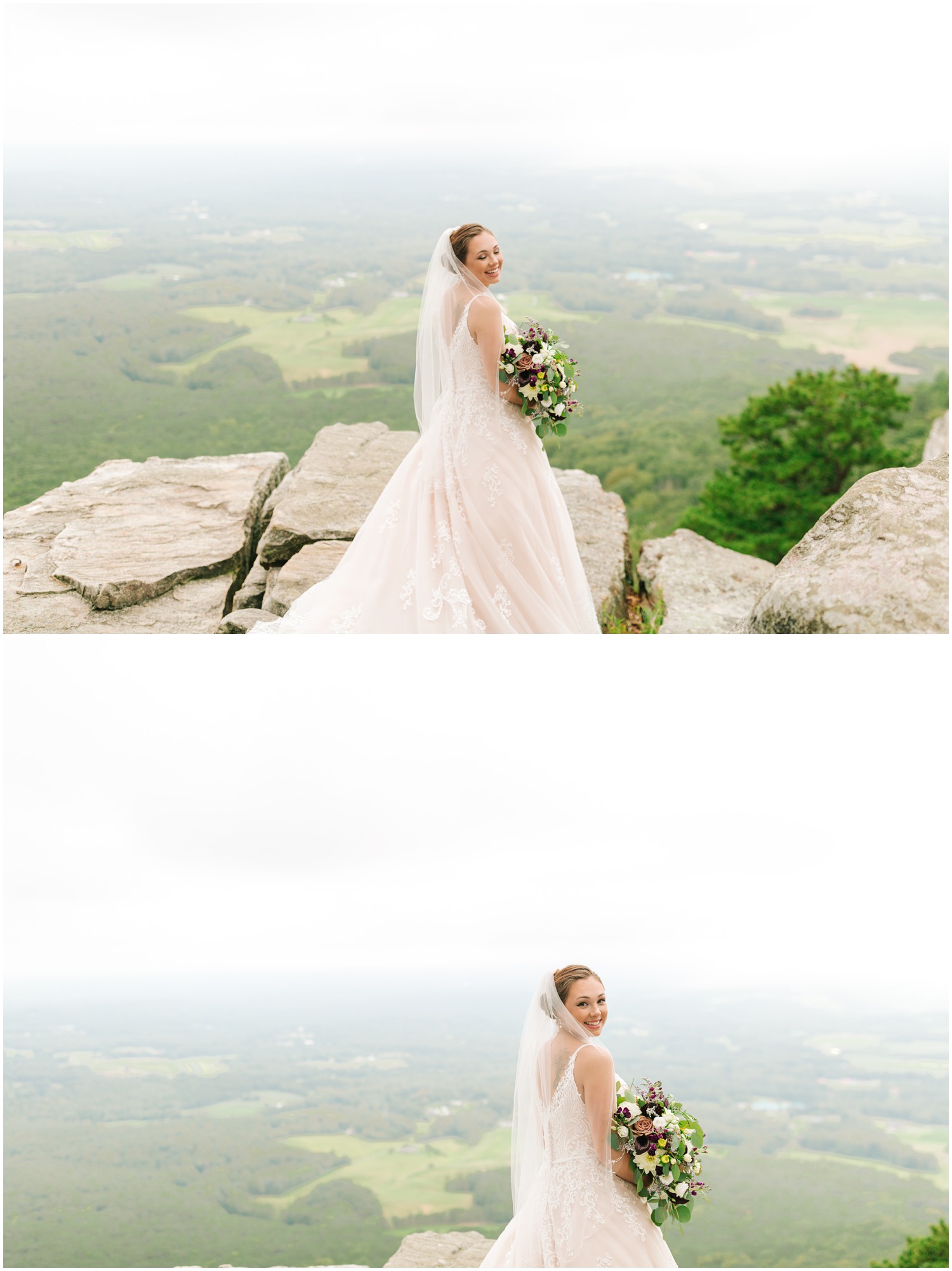 bride poses on edge of cliff in wedding dress