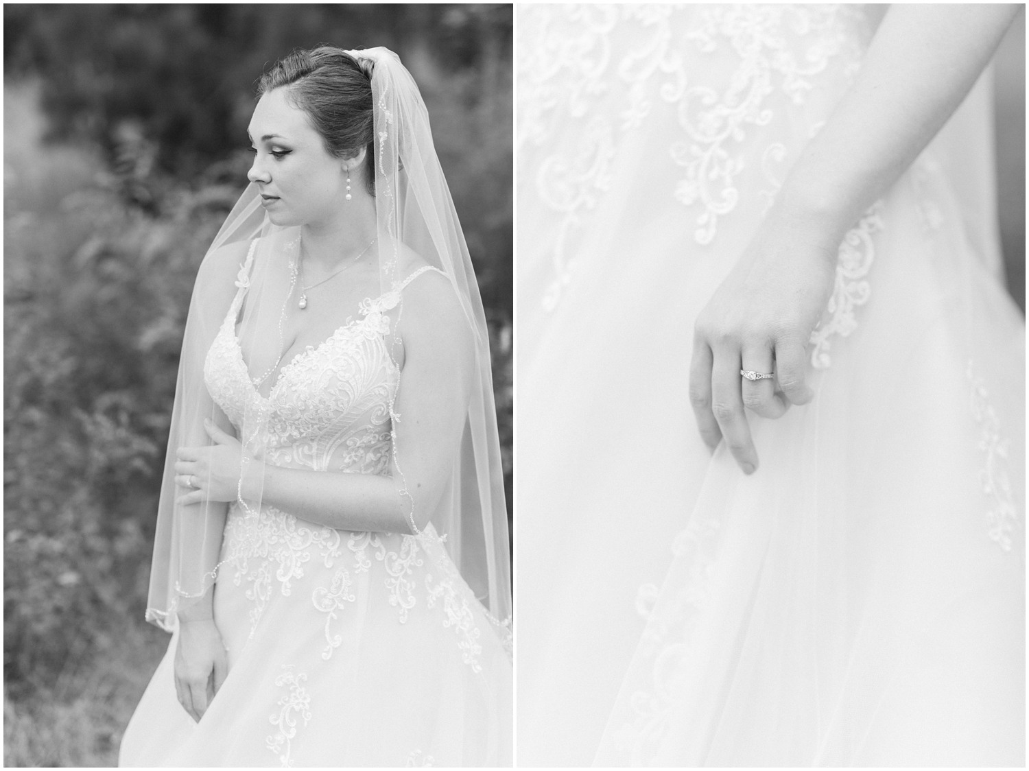 black and white bridal portrait in North Carolina state park