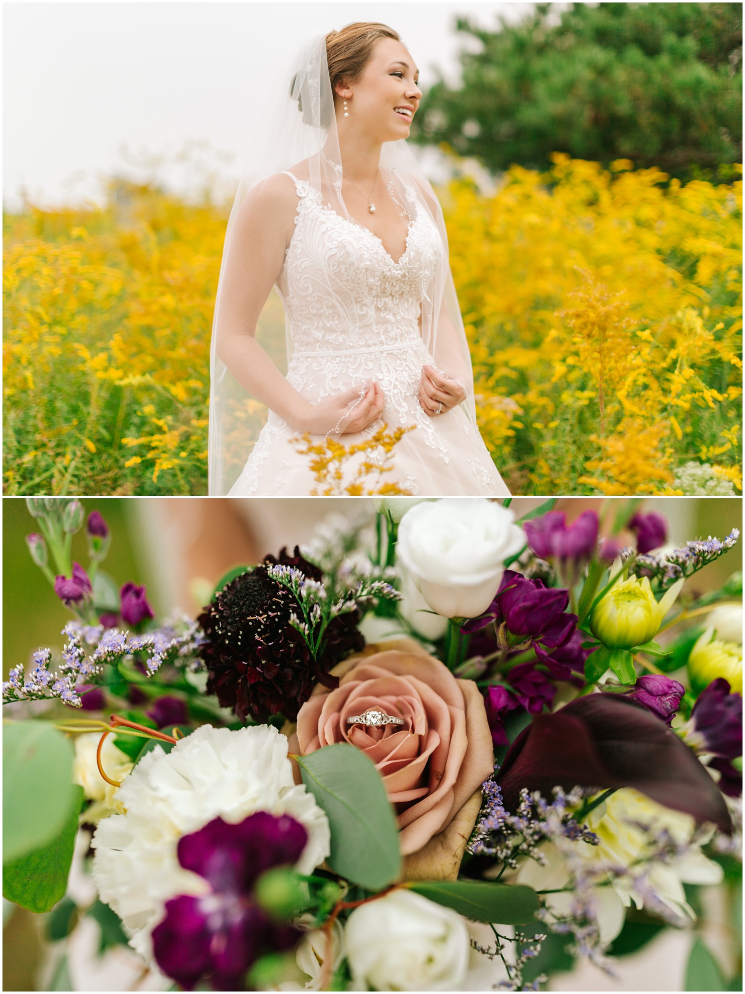 bride holds onto veil in field of yellow flowers 