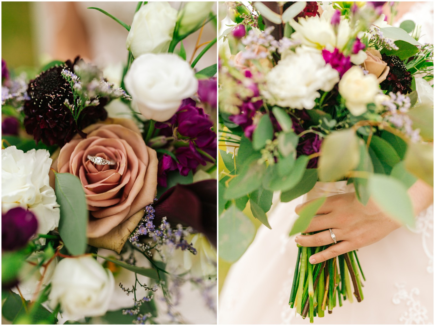 wedding bouquet with ivory, purple, and pink flowers