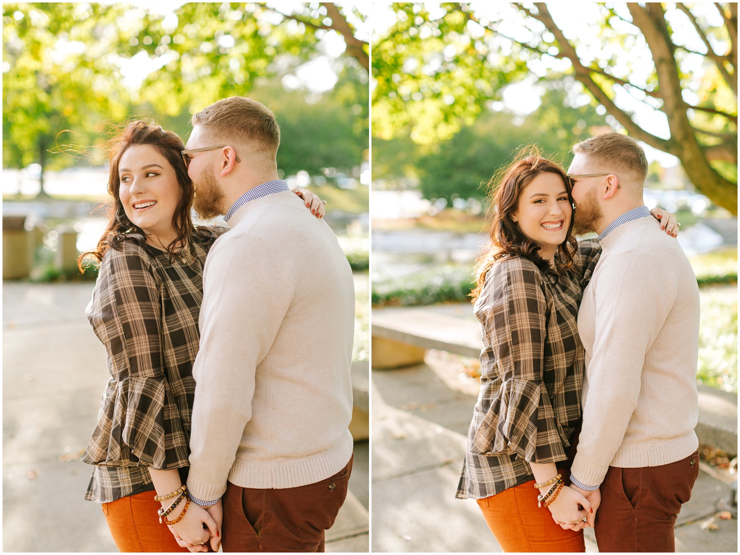 groom kisses bride's cheek during Charlotte Engagement Session at Marshall Park