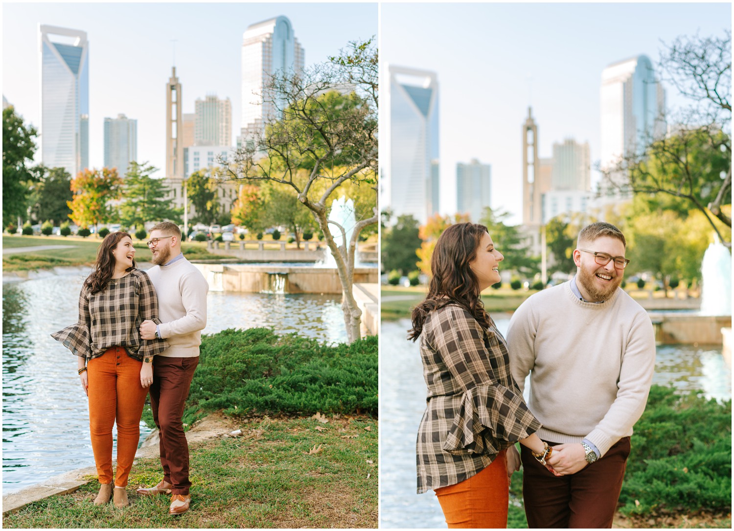 Charlotte Engagement Session at Marshall Park with skyline behind couple 