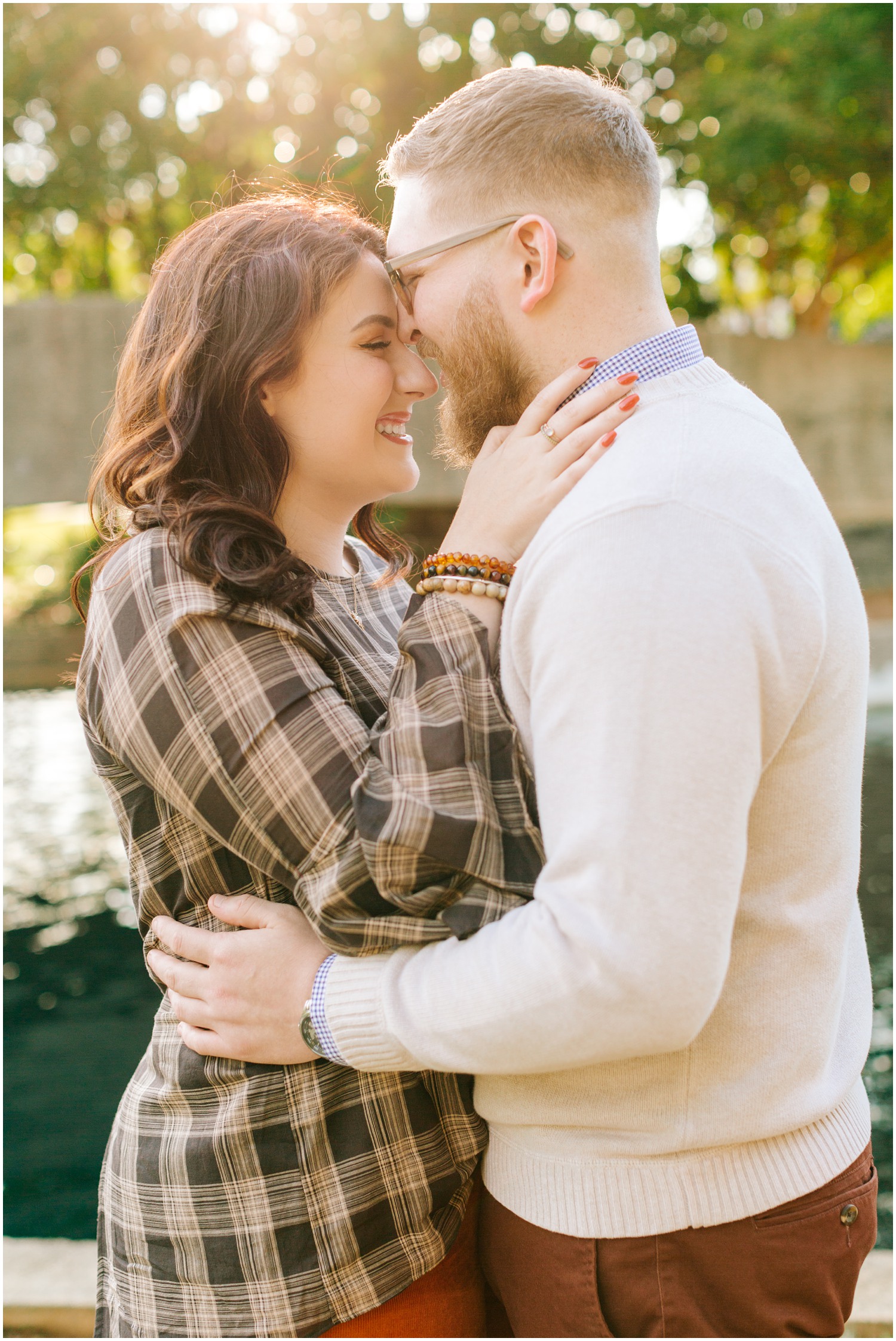 engaged couple poses in Marshall Park