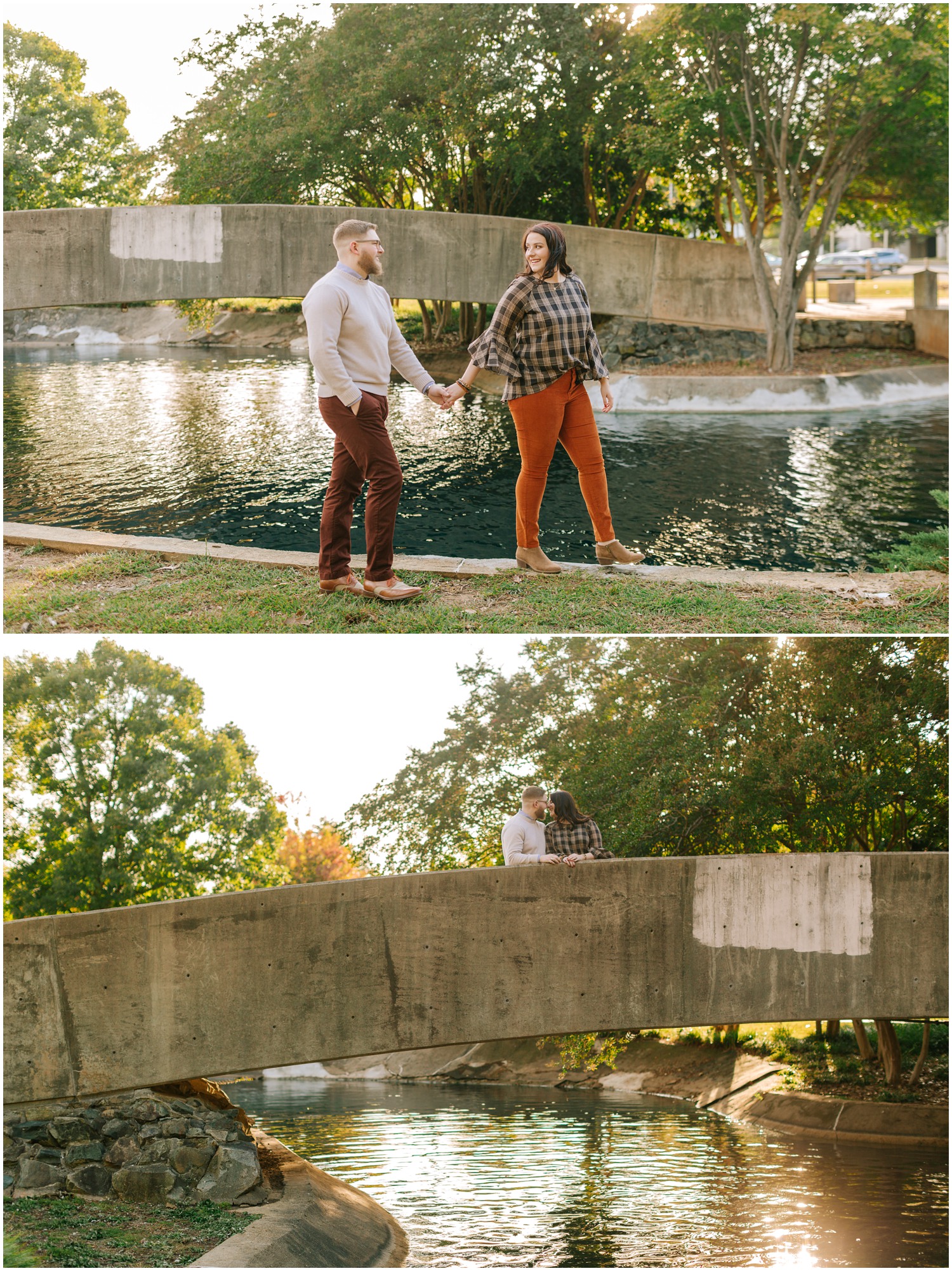 couple poses on bridge in Marshall Park in Charlotte NC