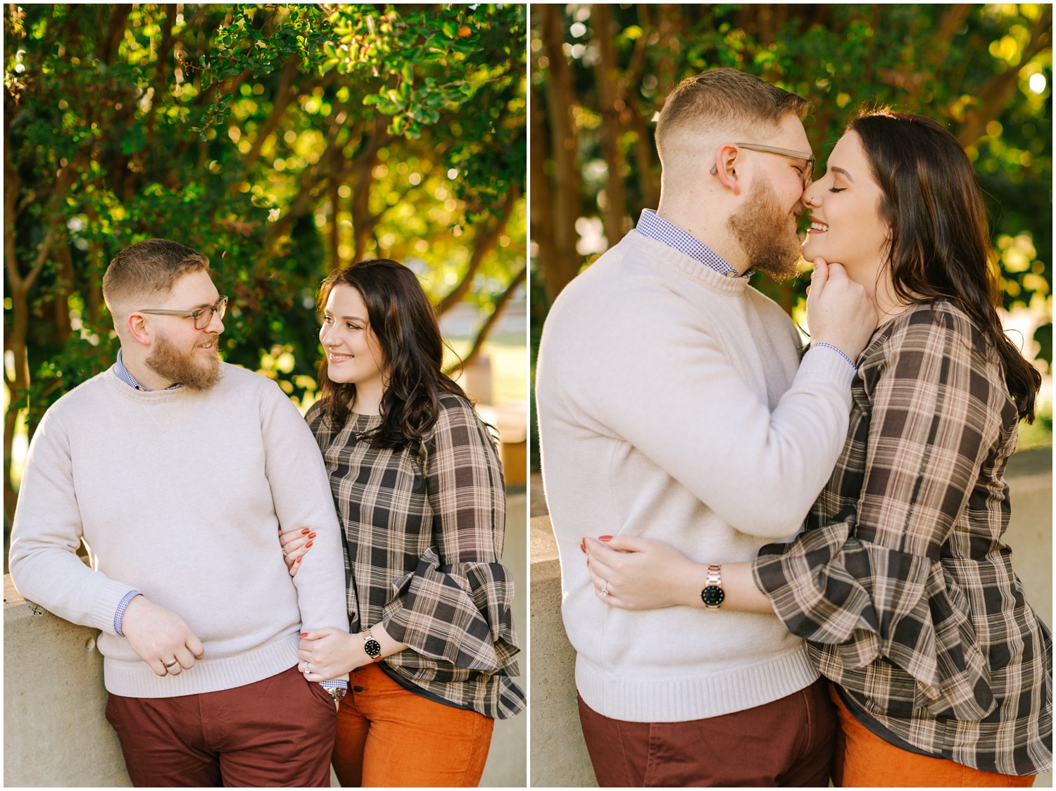 bride in plaid shirt hugs groom during NC engagement portraits