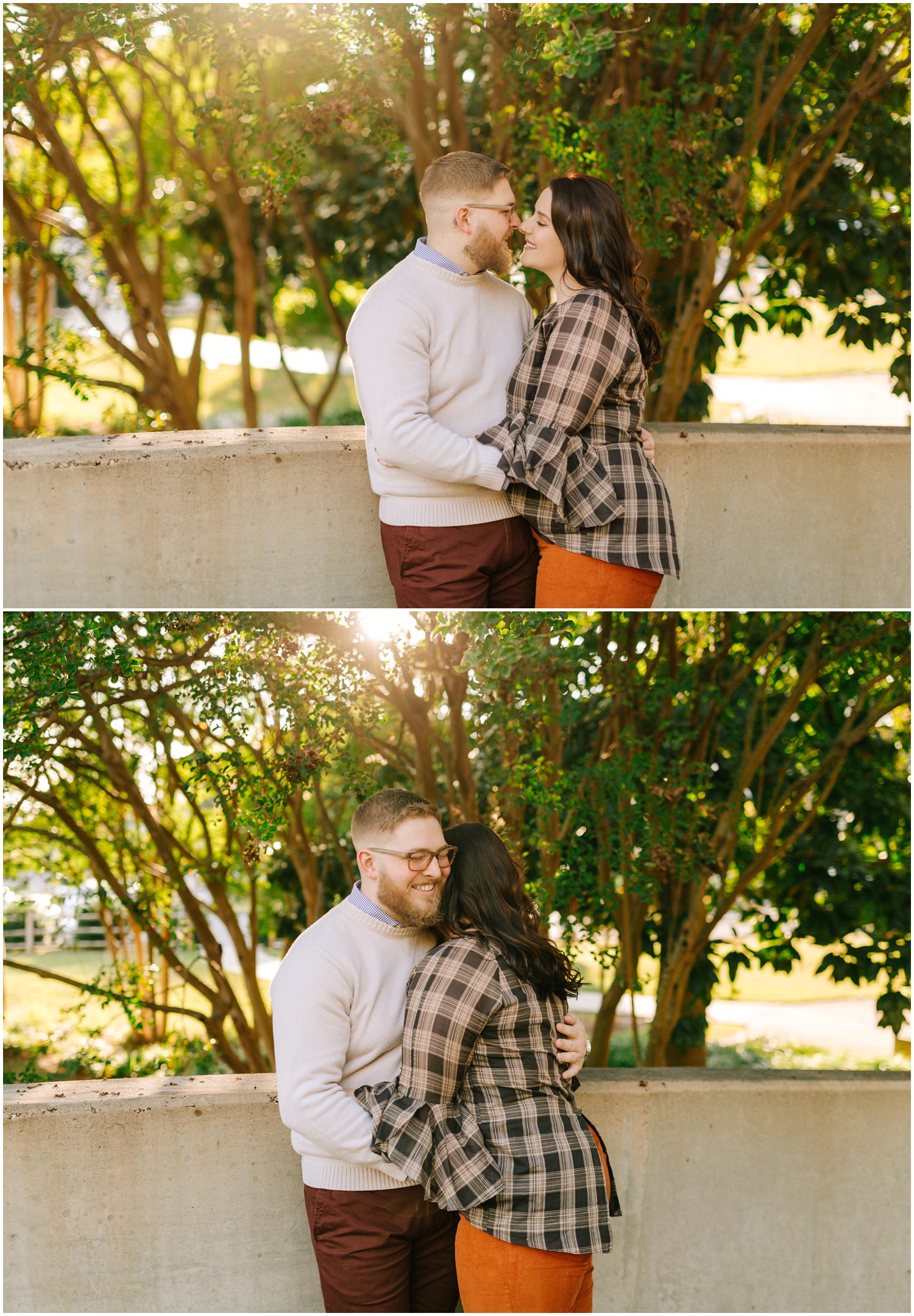 bride laughs while hugging groom during engagement session in Uptown Charlotte