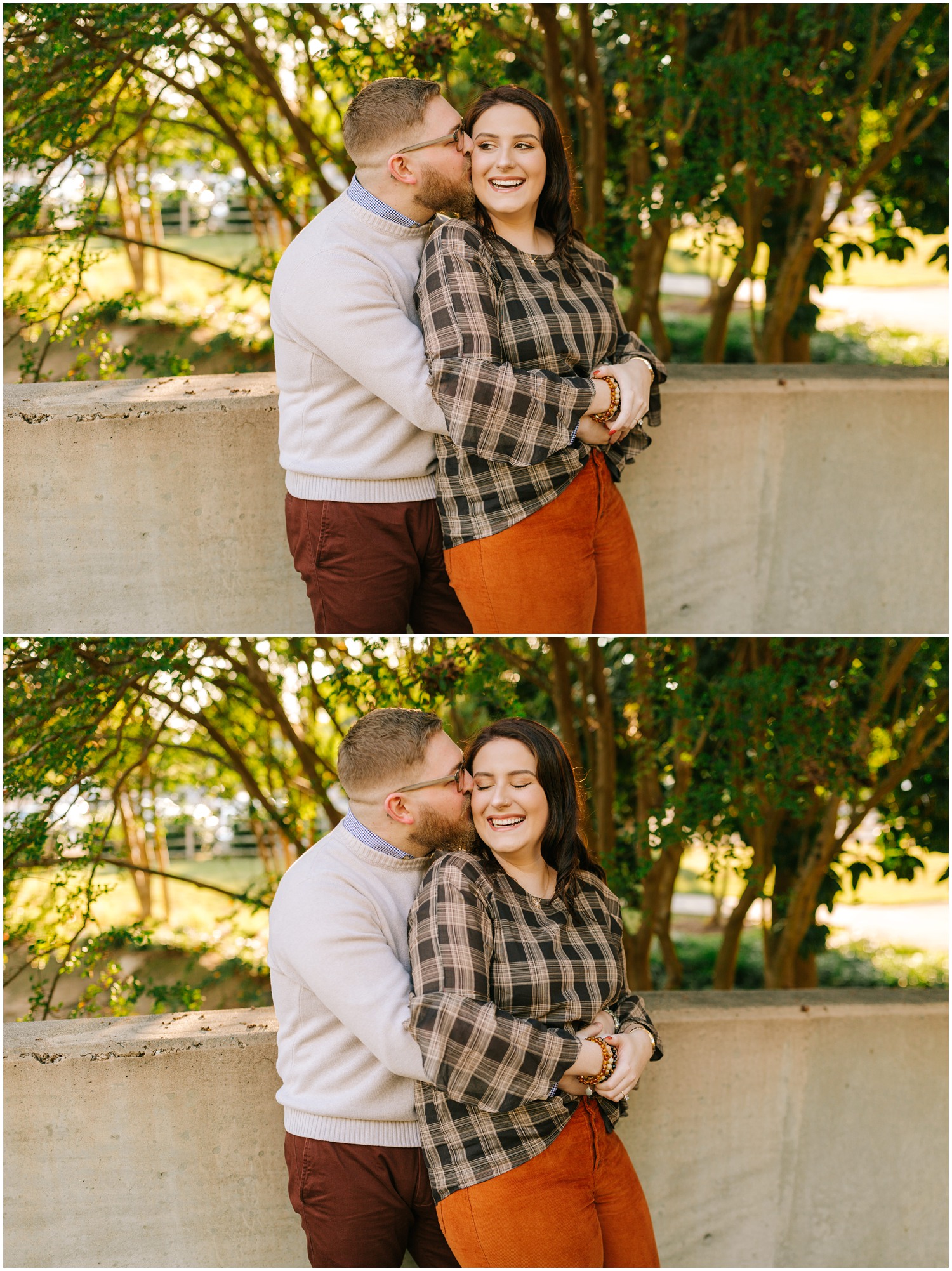 couple poses against wall in Marshall Park during CLT engagement session