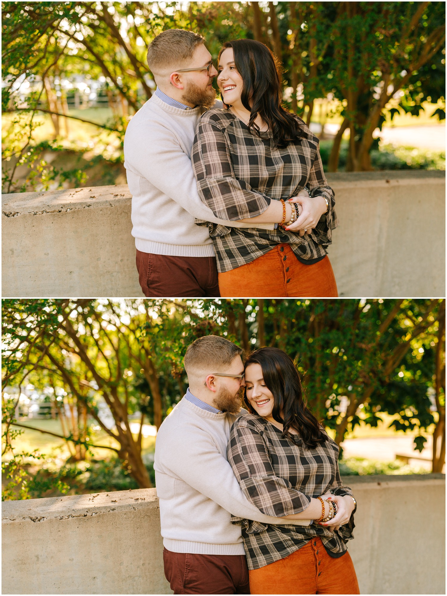 engagement session with fall outfits full of orange and browns