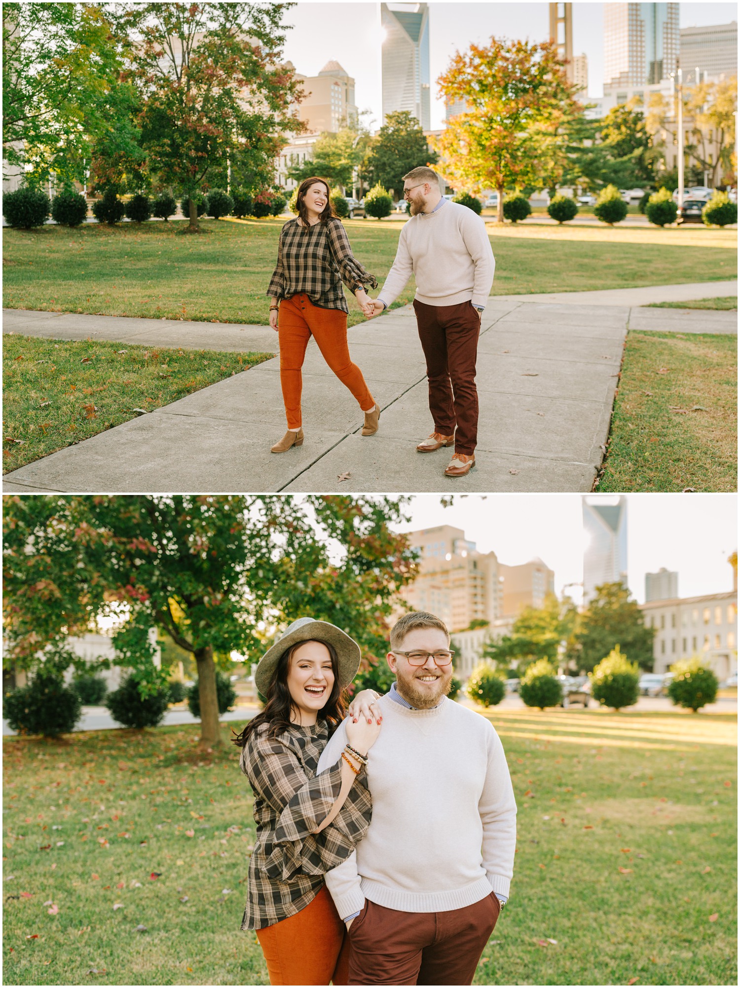 couple walks through Marshall Park during CLT engagement session