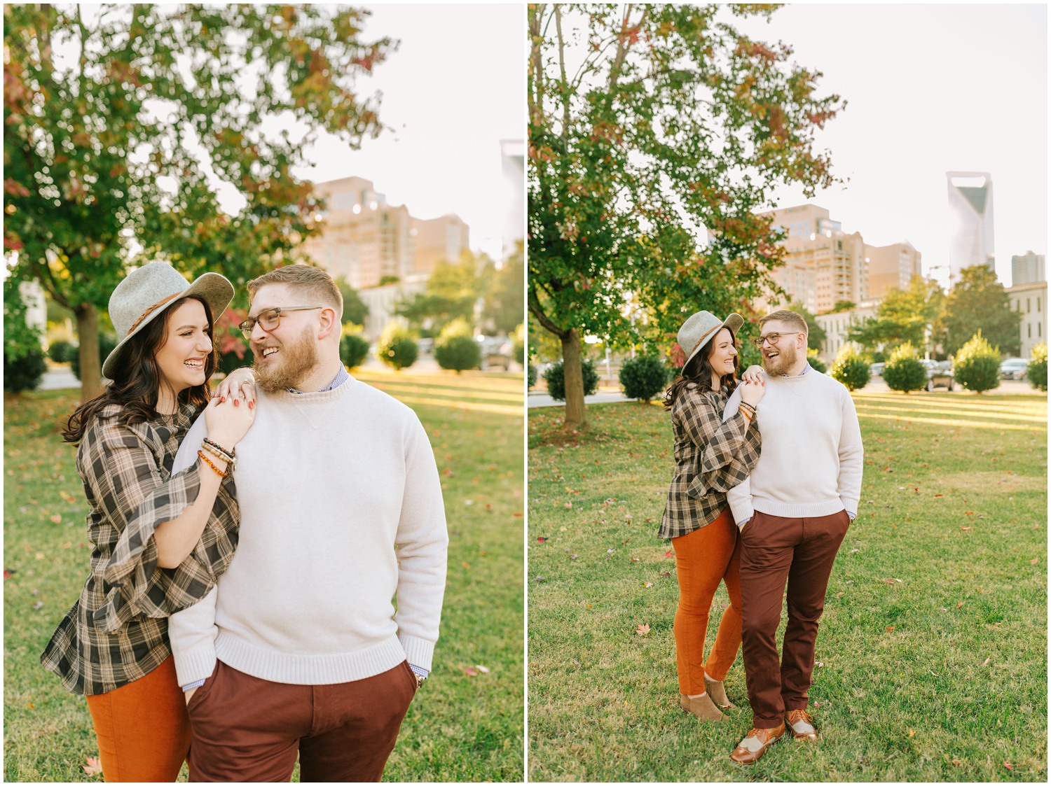 Charlotte NC couple poses in Marshall Park during fall engagement session 