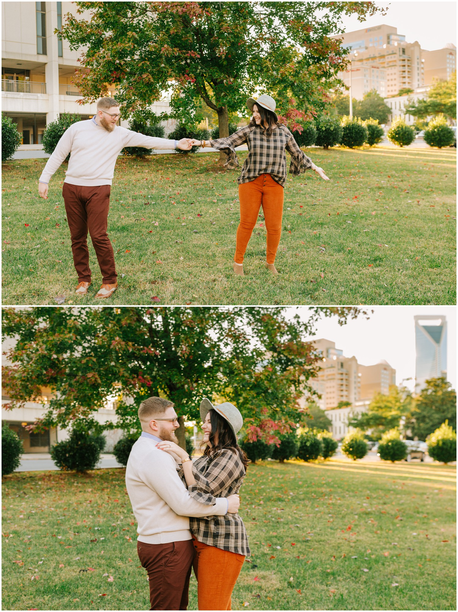 Charlotte Engagement Session at Marshall Park with casual fall outfits
