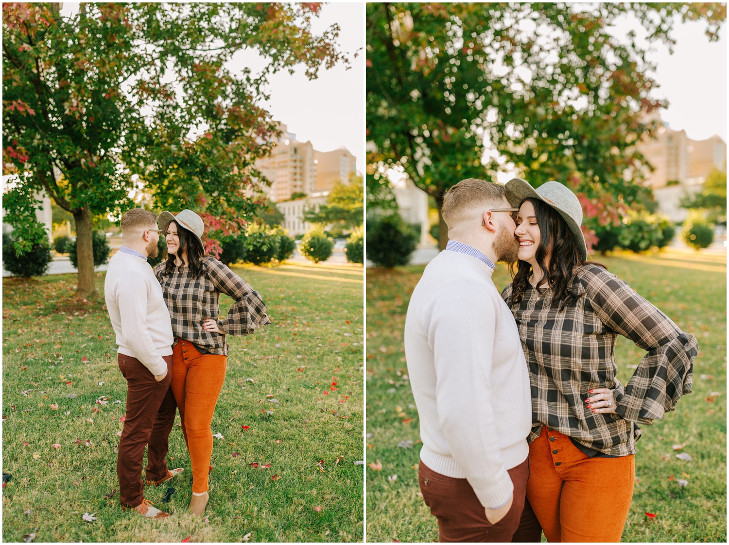 couple kisses during fall Charlotte Engagement Session at Marshall Park
