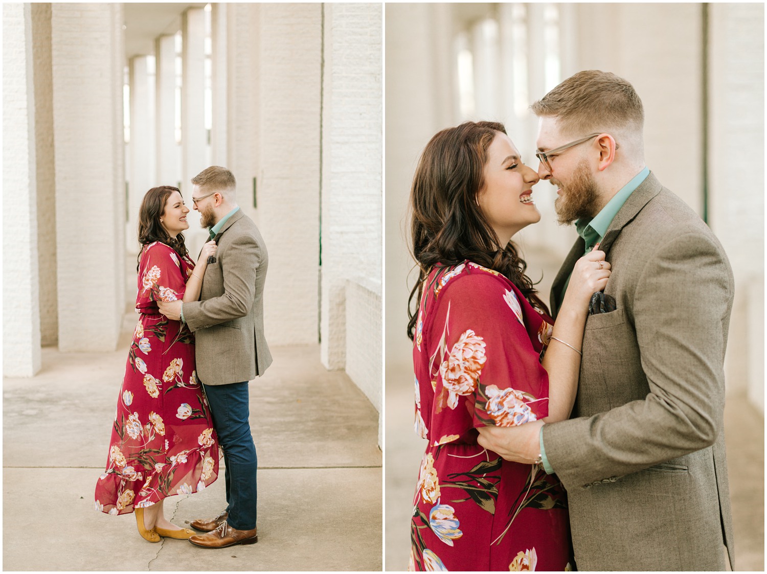 Charlotte Engagement Session at Marshall Park with bride in red dress and groom in brown suit