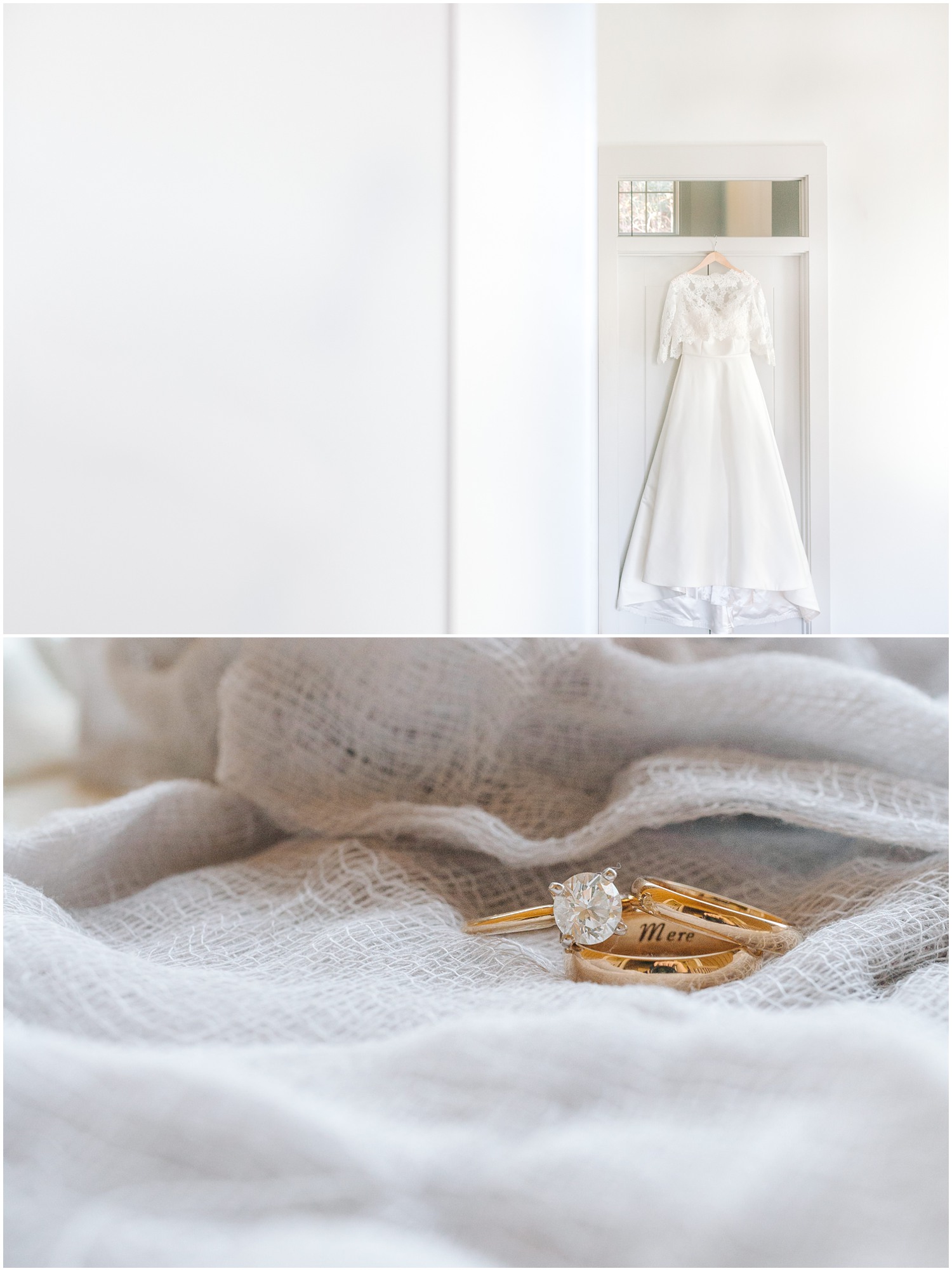 wedding rings rest on white linen with bride's dress hanging in cabin doorway