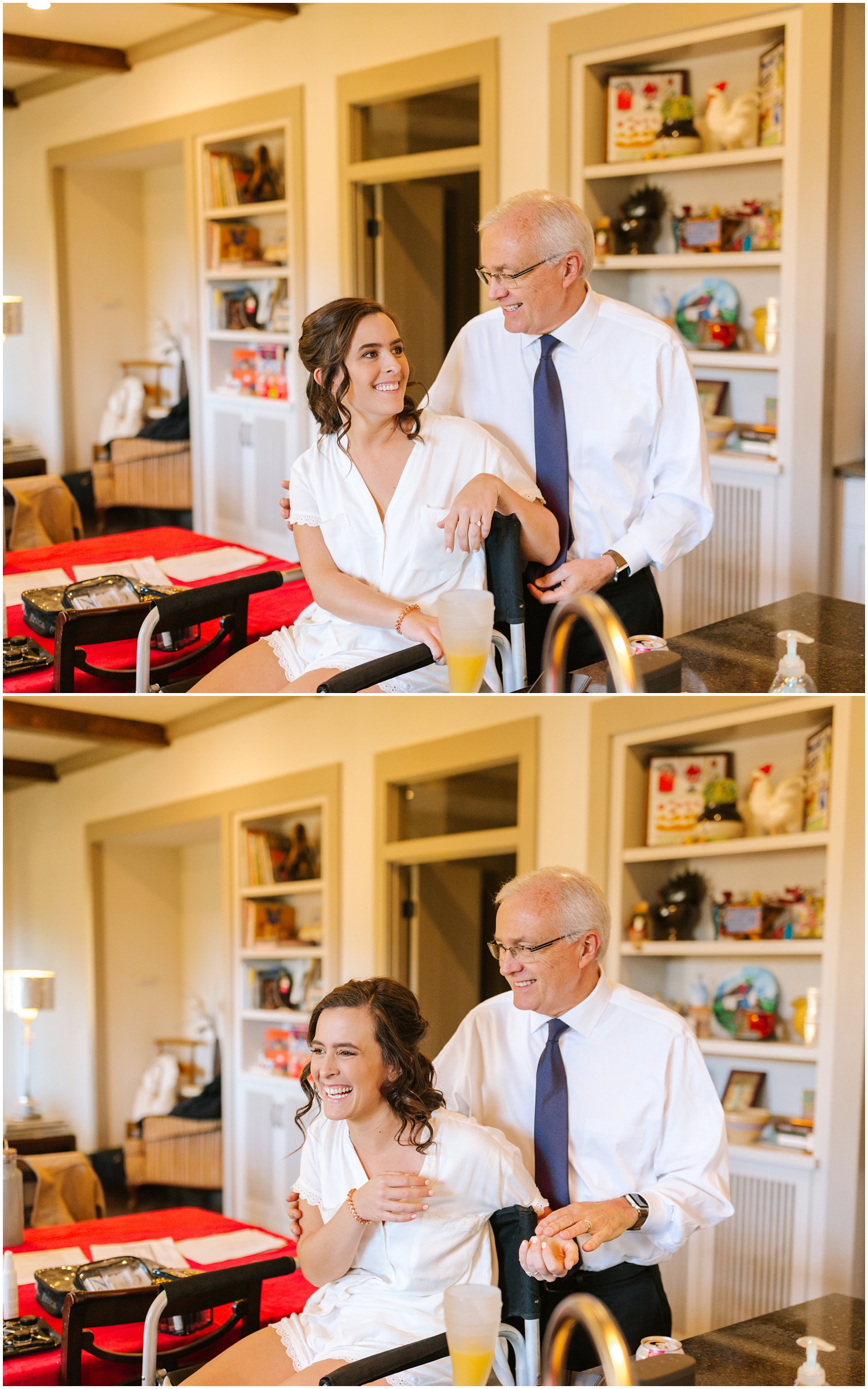 bride and dad laugh during wedding day prep