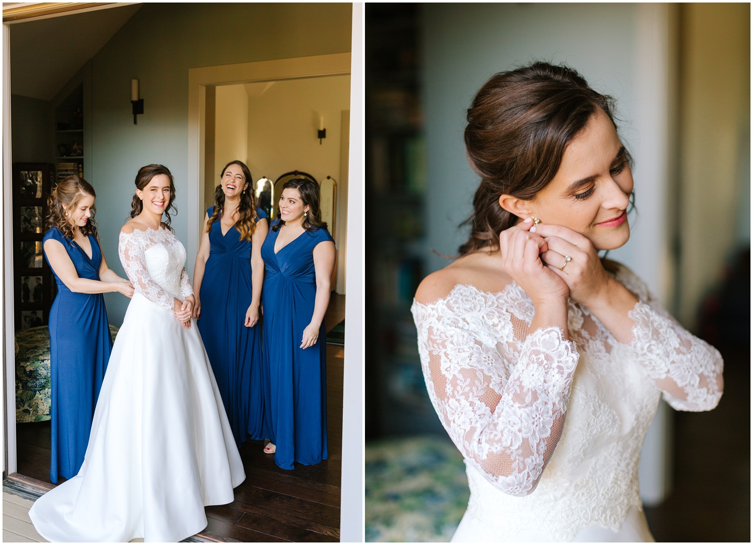 bridesmaids help bride with wedding dress in North Carolina