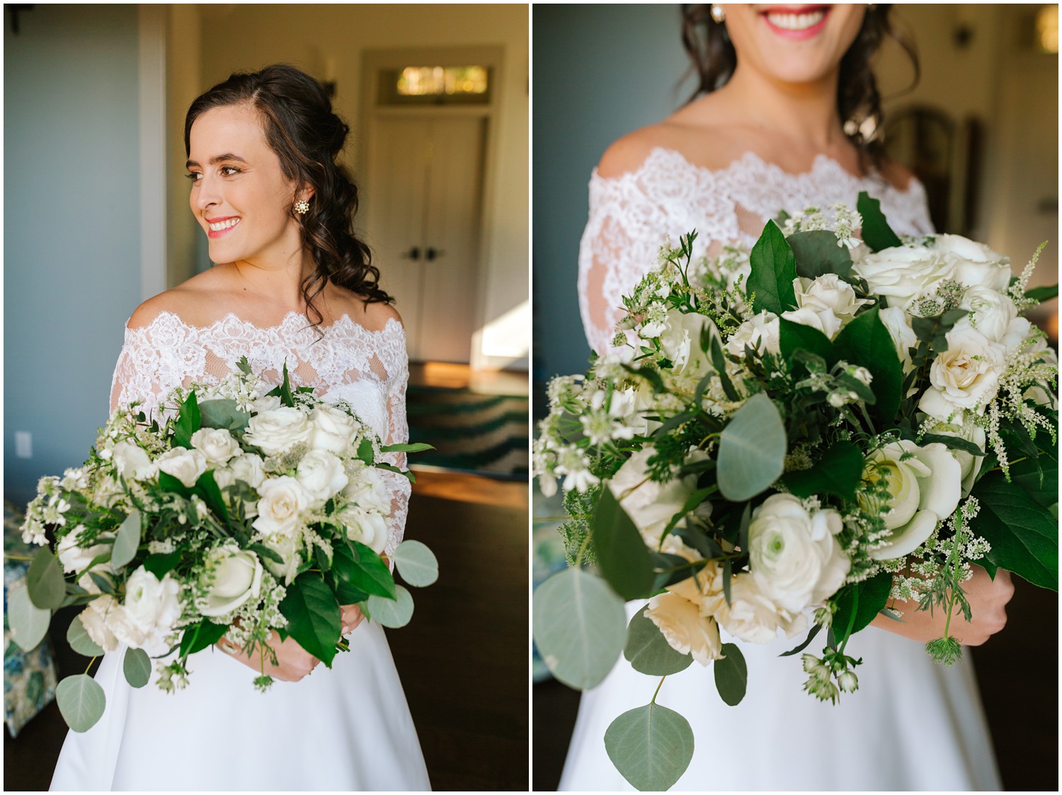 bride holds bouquet with white roses and greenery