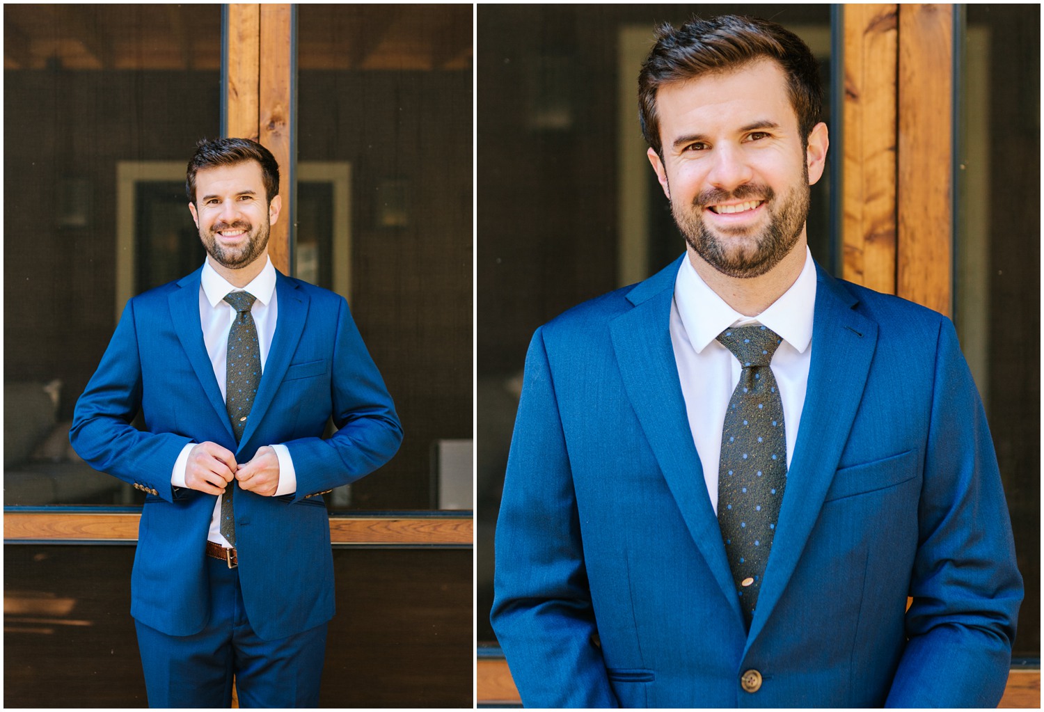 groom in navy suit poses for Chelsea Renay outside cabin at Lake Eden Events