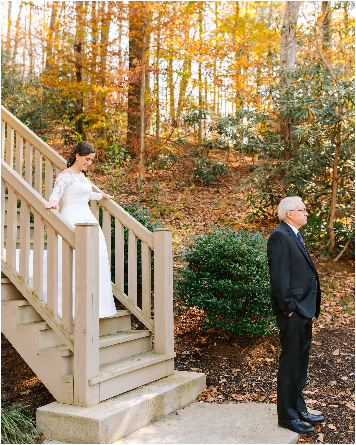 bride walks down steps to meet dad for first look in Asheville NC